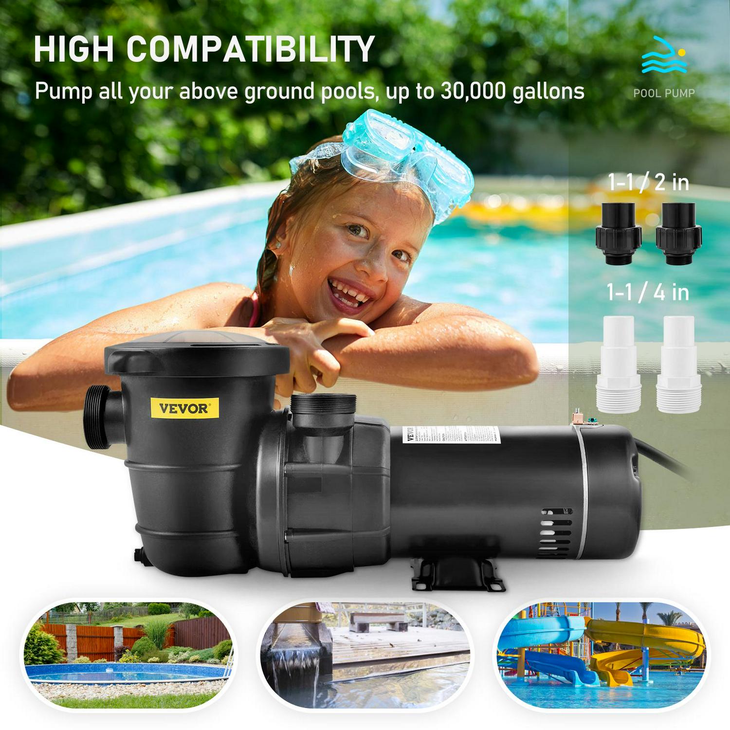 VEVOR 2HP Pool Pump for Above Ground Pool, 5400GPH Max. Flow and Max Lift of 43ft, Single Speed Pool Pumps with Strainer Basket, 1500W, ETL Certificated - Image 3