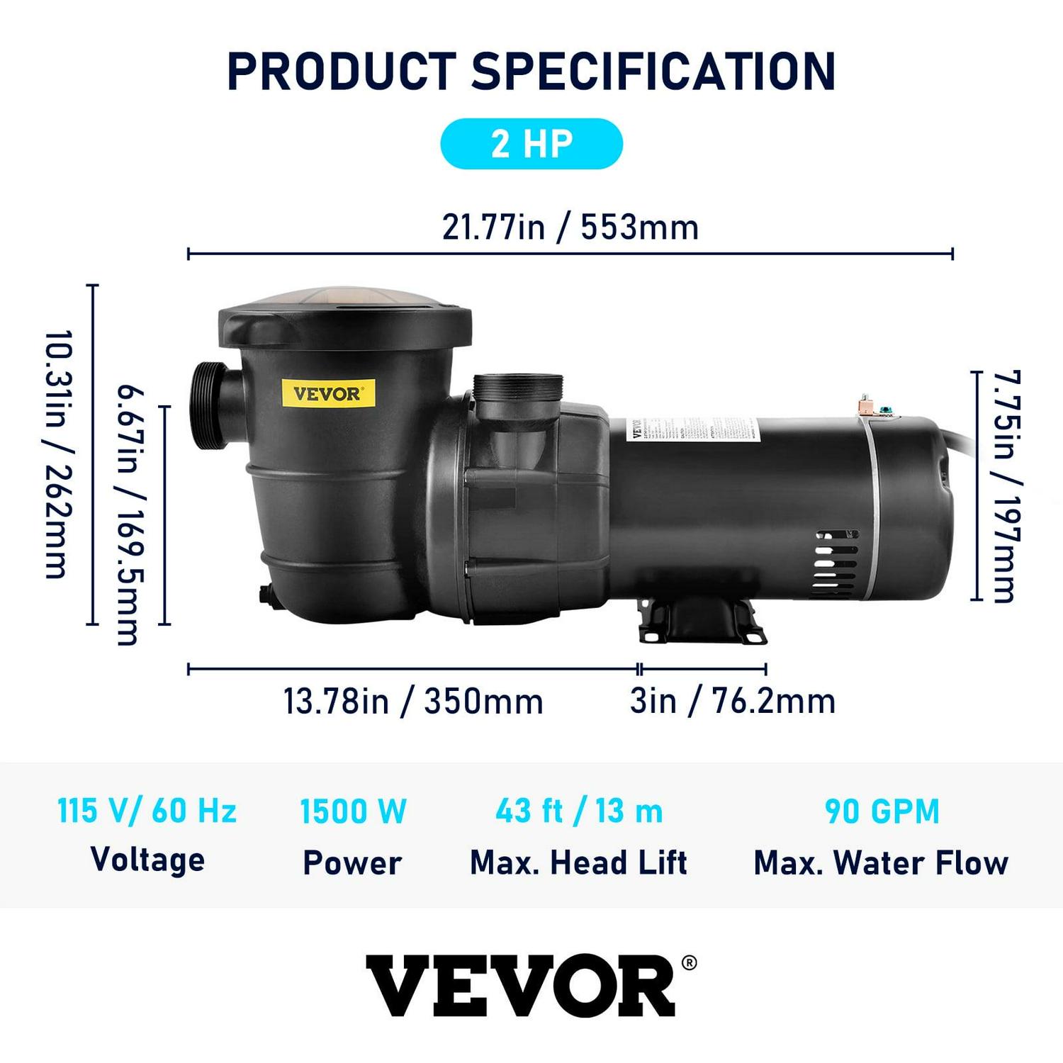 VEVOR 2HP Pool Pump for Above Ground Pool, 5400GPH Max. Flow and Max Lift of 43ft, Single Speed Pool Pumps with Strainer Basket, 1500W, ETL Certificated - Image 7