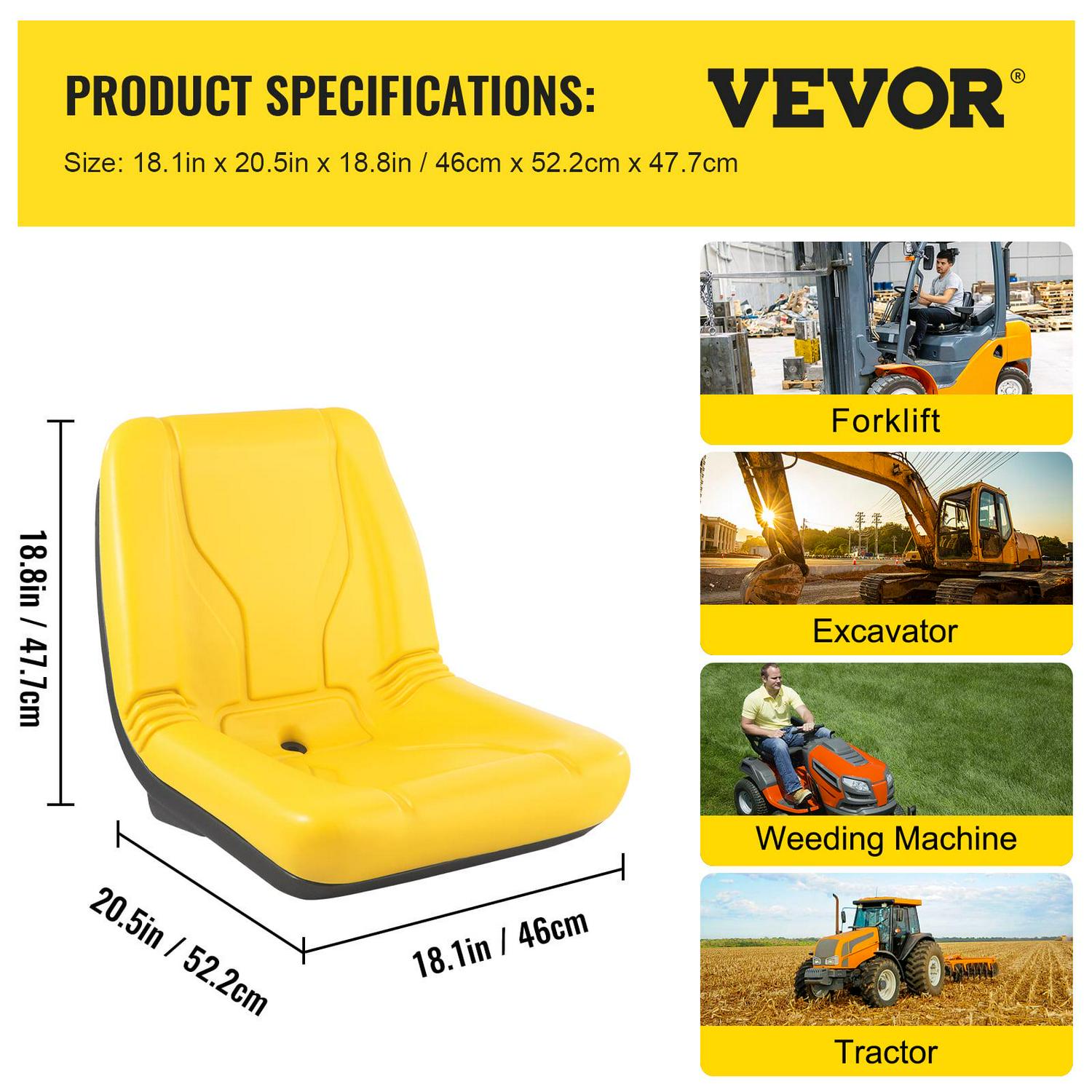 VEVOR Universal Tractor Seat, Industrial High Back, 1PC PVC Lawn and Garden Mower Seat Replacement, Steel Frame Compact Forklift Seat w/ Drain Hole, Compatible with Excavator, Mower, Forklift, Yellow - Image 7