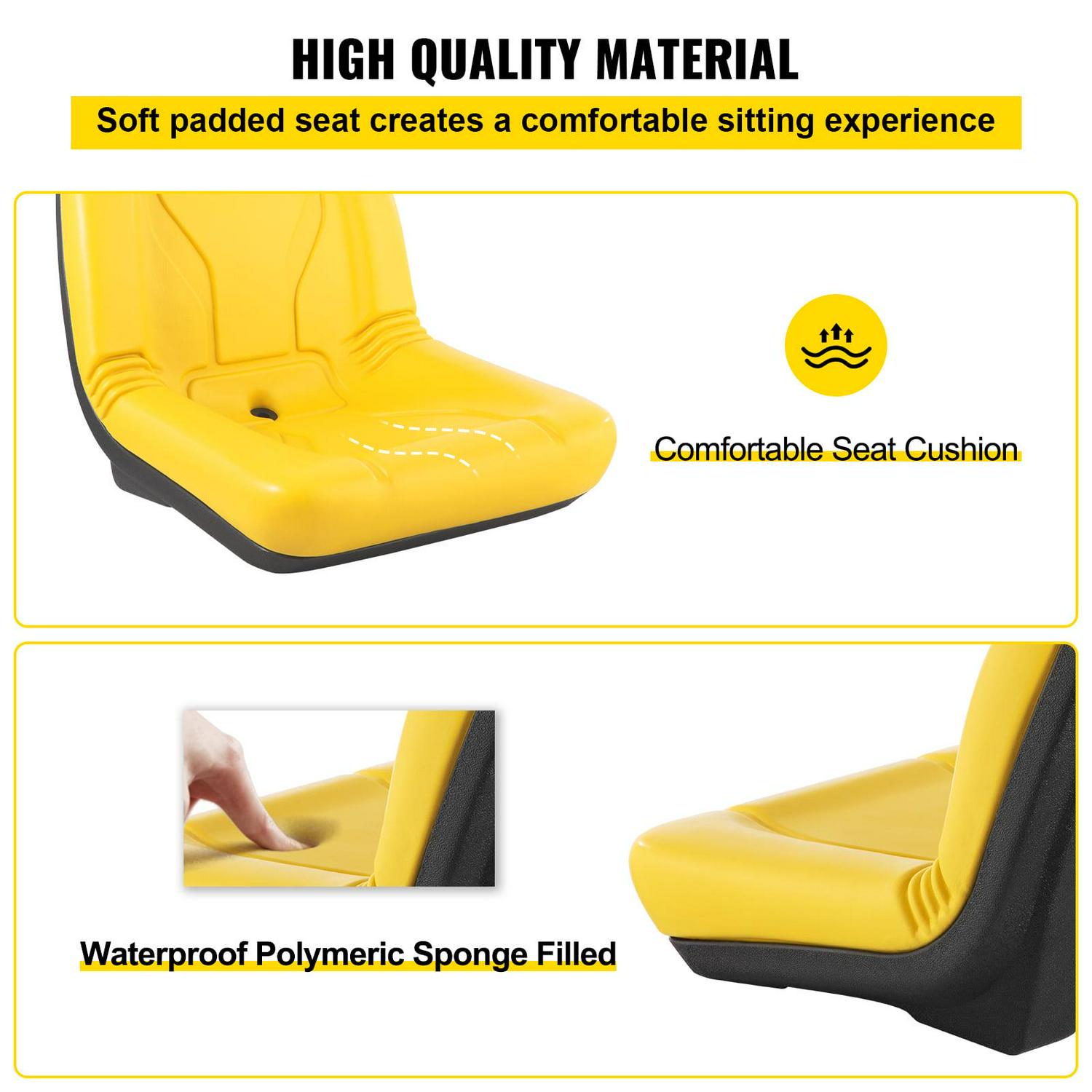 VEVOR Universal Tractor Seat, Industrial High Back, 1PC PVC Lawn and Garden Mower Seat Replacement, Steel Frame Compact Forklift Seat w/ Drain Hole, Compatible with Excavator, Mower, Forklift, Yellow - Image 3