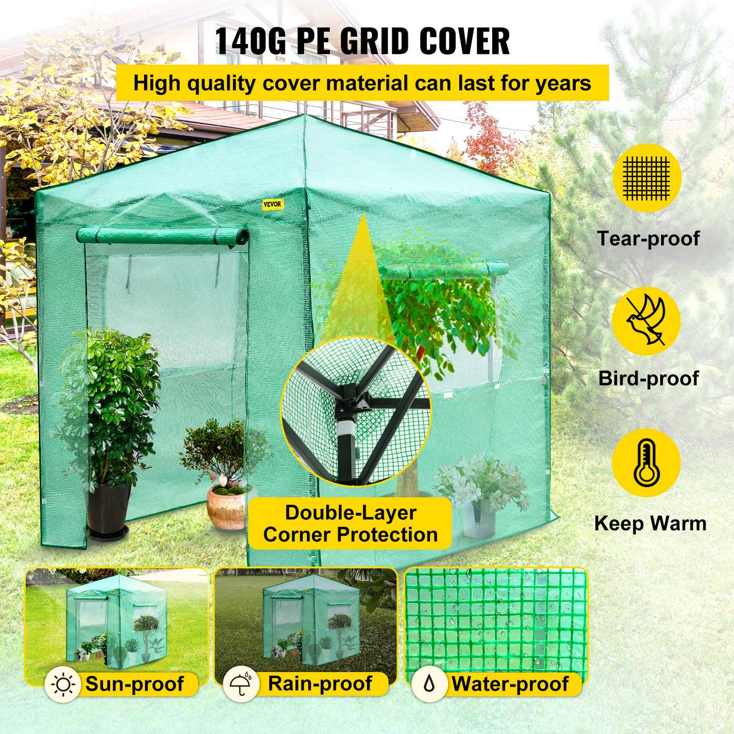 VEVOR 8x8x6ft Pop up Greenhouse Walk-in Portable Greenhouse for Indoor Outdoor Gardening with Roll-Up Door and Windows - Image 4