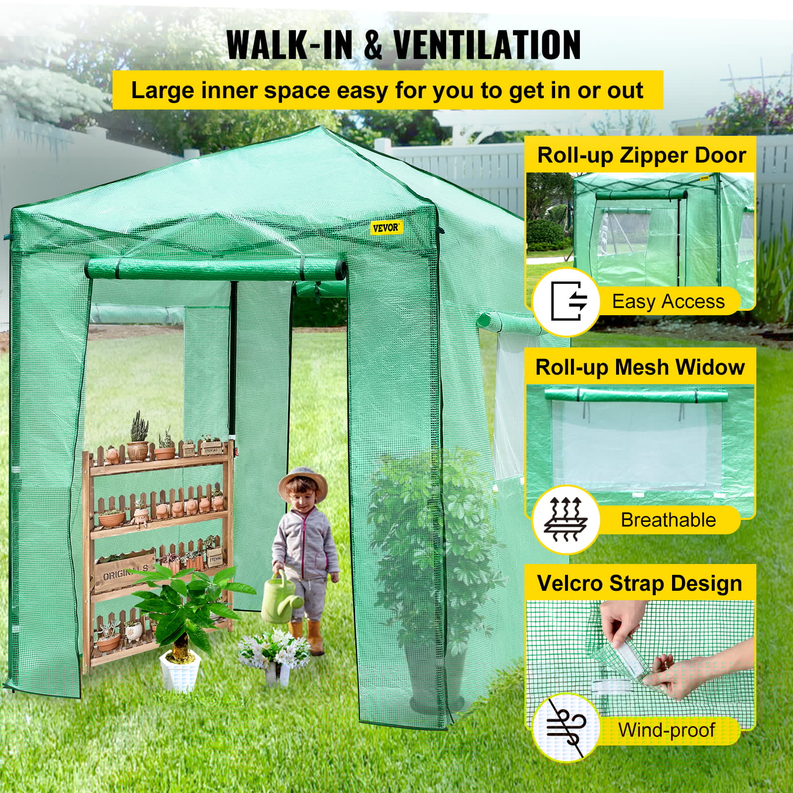 VEVOR 8x8x6ft Pop up Greenhouse Walk-in Portable Greenhouse for Indoor Outdoor Gardening with Roll-Up Door and Windows - Image 5