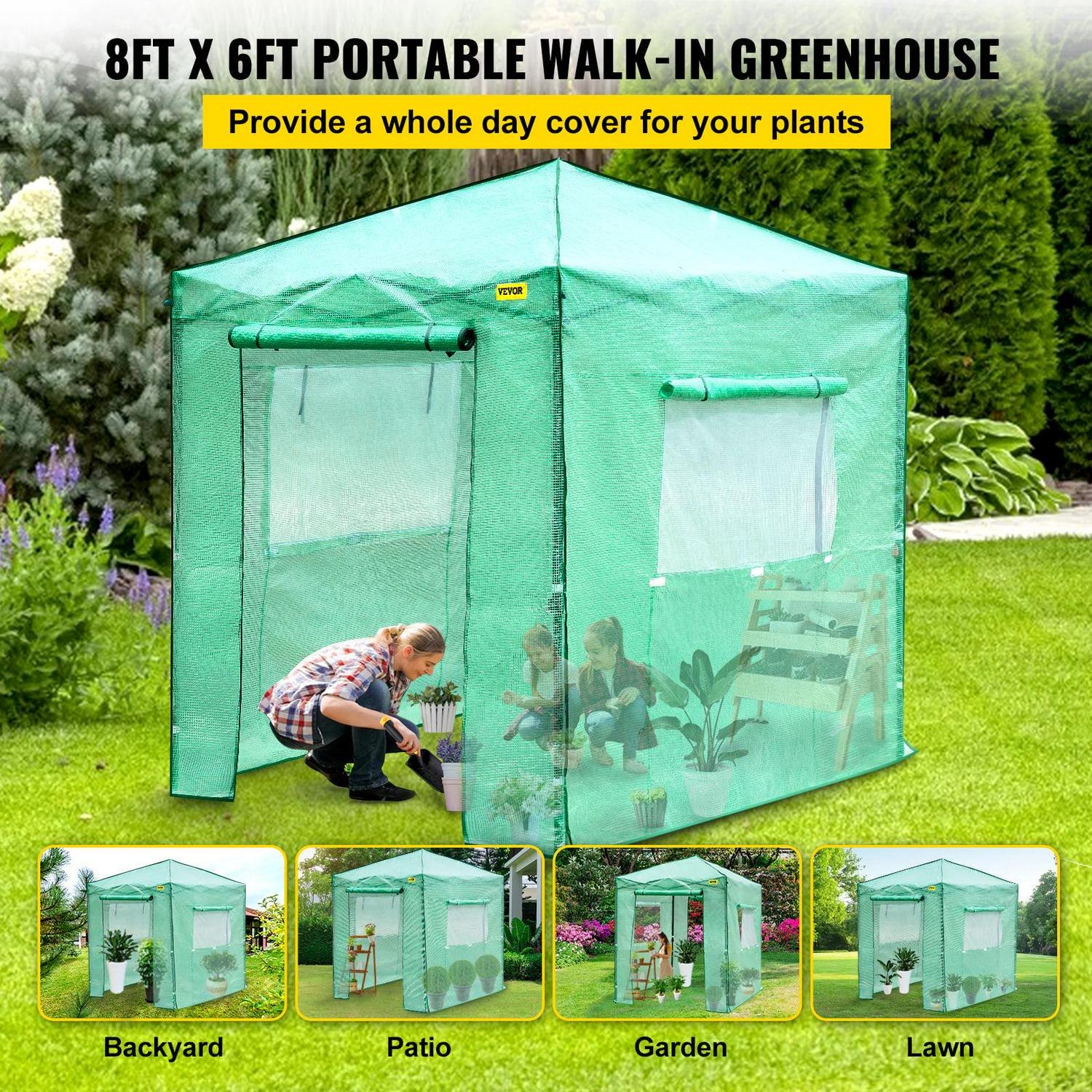 VEVOR 8x8x6ft Pop up Greenhouse Walk-in Portable Greenhouse for Indoor Outdoor Gardening with Roll-Up Door and Windows - Image 2
