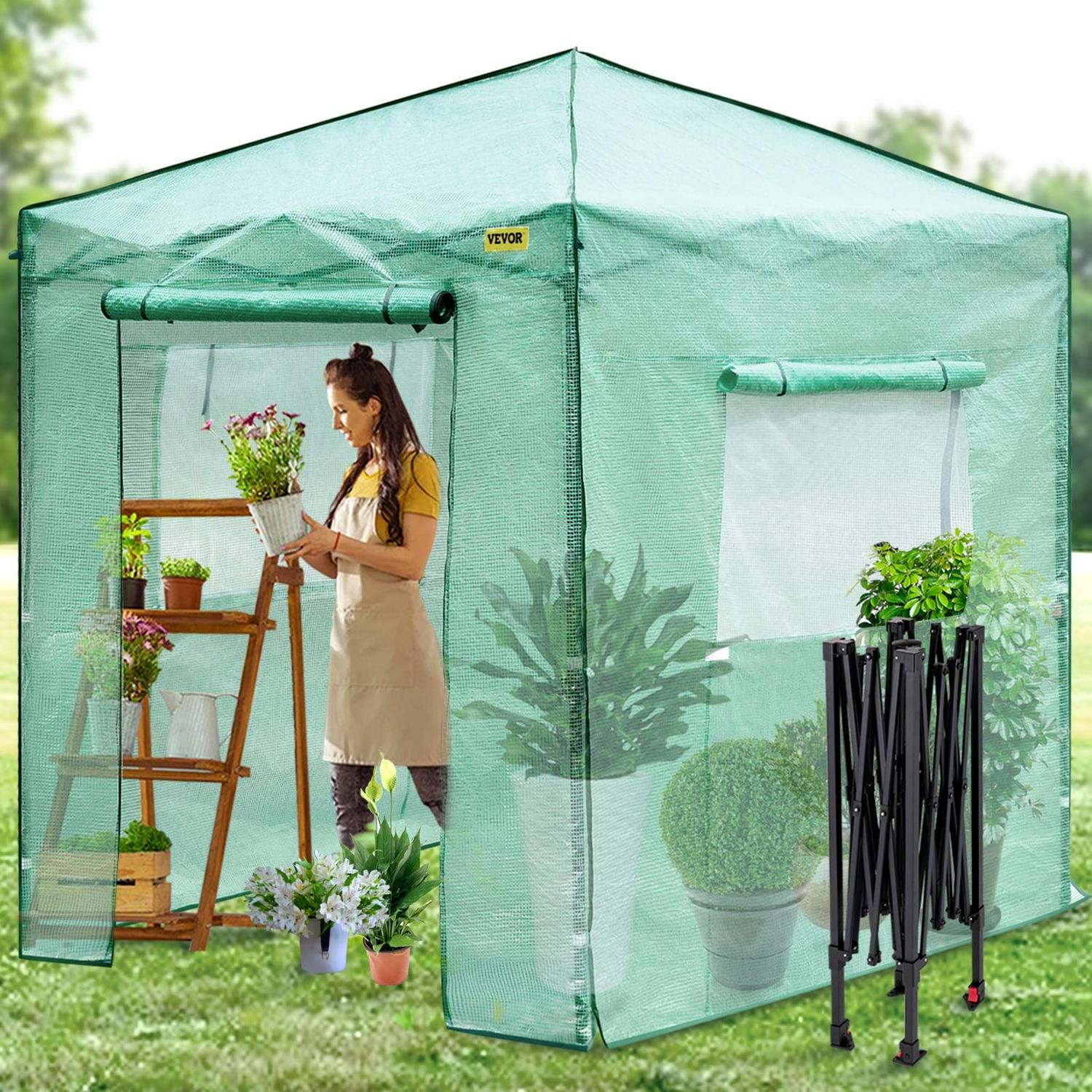 VEVOR 8x8x6ft Pop up Greenhouse Walk-in Portable Greenhouse for Indoor Outdoor Gardening with Roll-Up Door and Windows