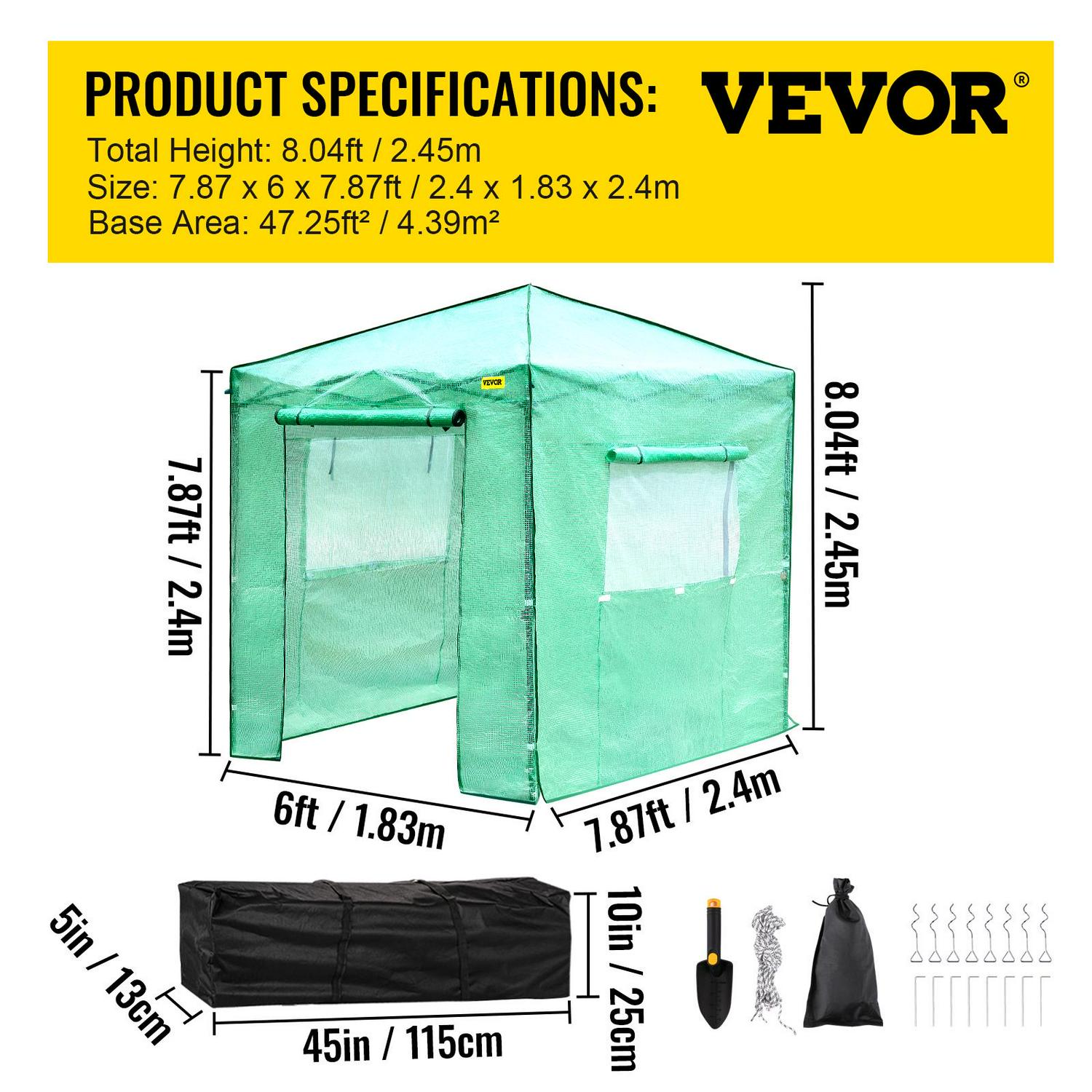 VEVOR 8x8x6ft Pop up Greenhouse Walk-in Portable Greenhouse for Indoor Outdoor Gardening with Roll-Up Door and Windows - Image 7
