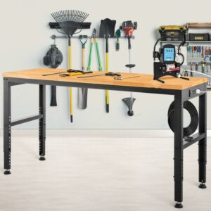 VEVOR Workbench Adjustable Height, 48"L X 20"W X 38.1"H Garage Table w/ 28.3" - 38.1" Heights & 2000 lbs Load Capacity, with Power Outlets & Hardwood Top & Metal Frame & Foot Pads, for Office Home