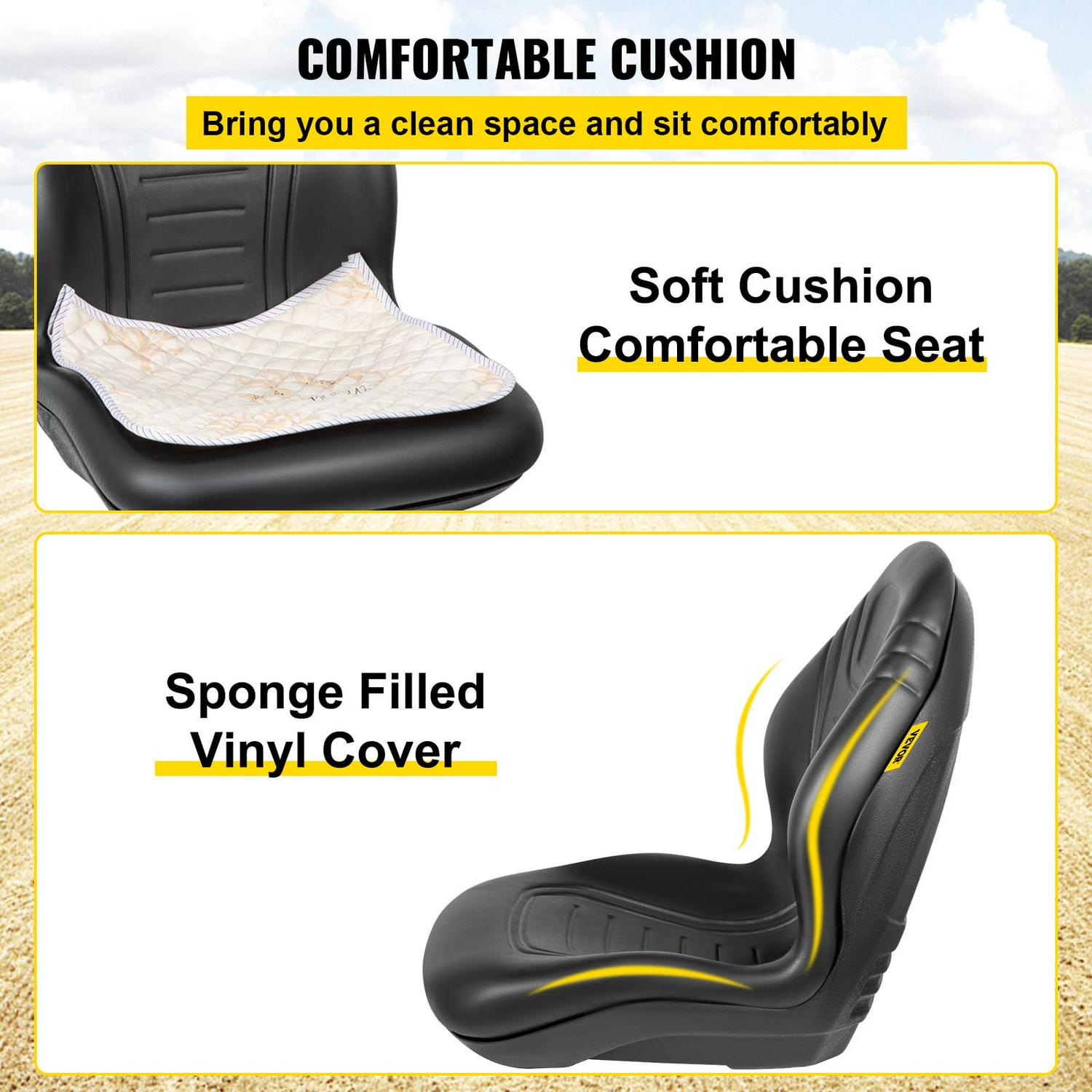 VEVOR Yamaha Tractor Seat High Back Mower Seat Black Vinyl Forklift Drain Hole with Mounting Bolt Patterns of 8" x 11.5" & 11.25" x 11.5" - Image 3