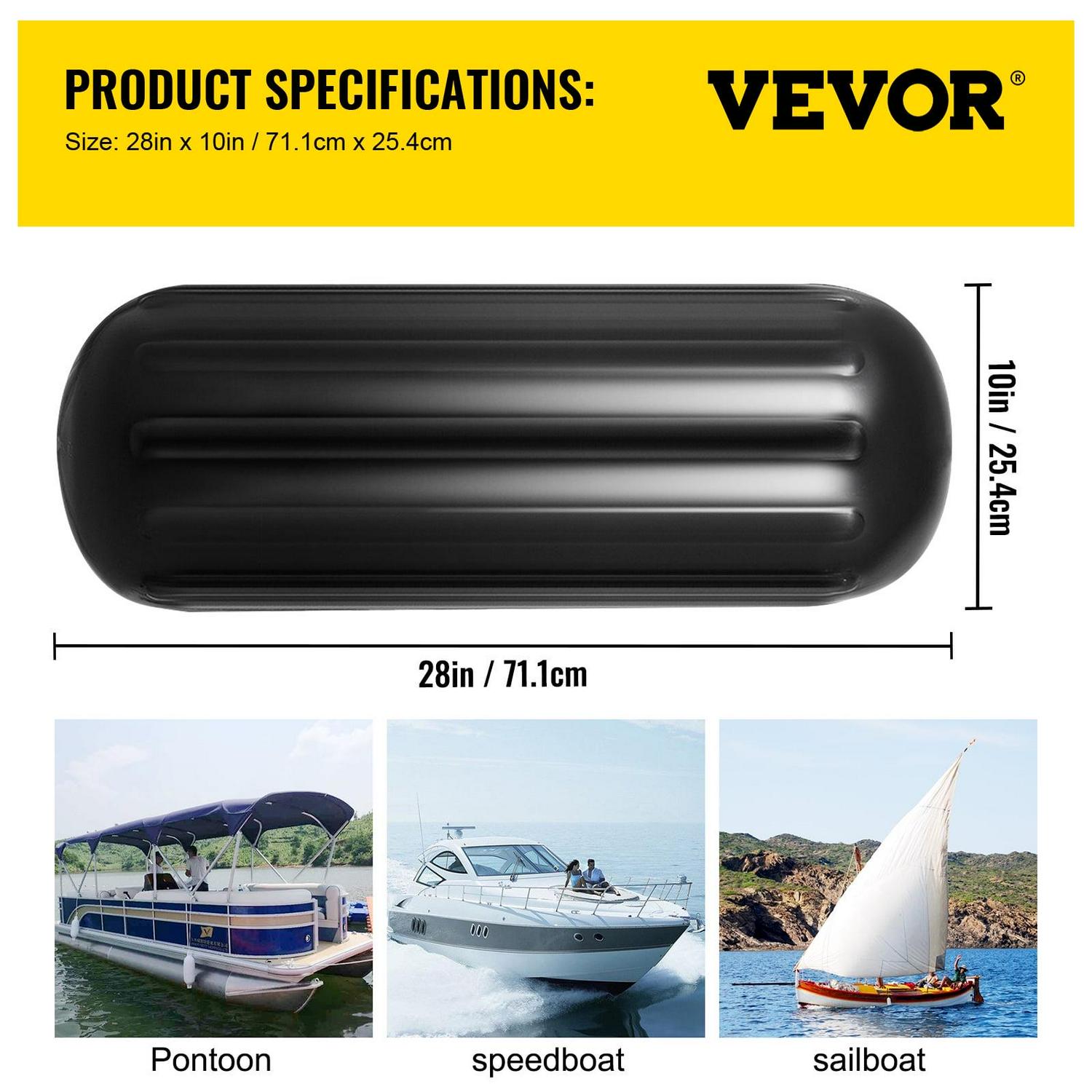 VEVORbrand 10 x 28 inches, Vinyl Boat Fender Pack of 4, Ribbed Twin Eyes Bumpers Black and Pump to Inflate - Image 8
