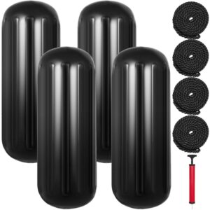 VEVORbrand 10 x 28 inches, Vinyl Boat Fender Pack of 4, Ribbed Twin Eyes Bumpers Black and Pump to Inflate