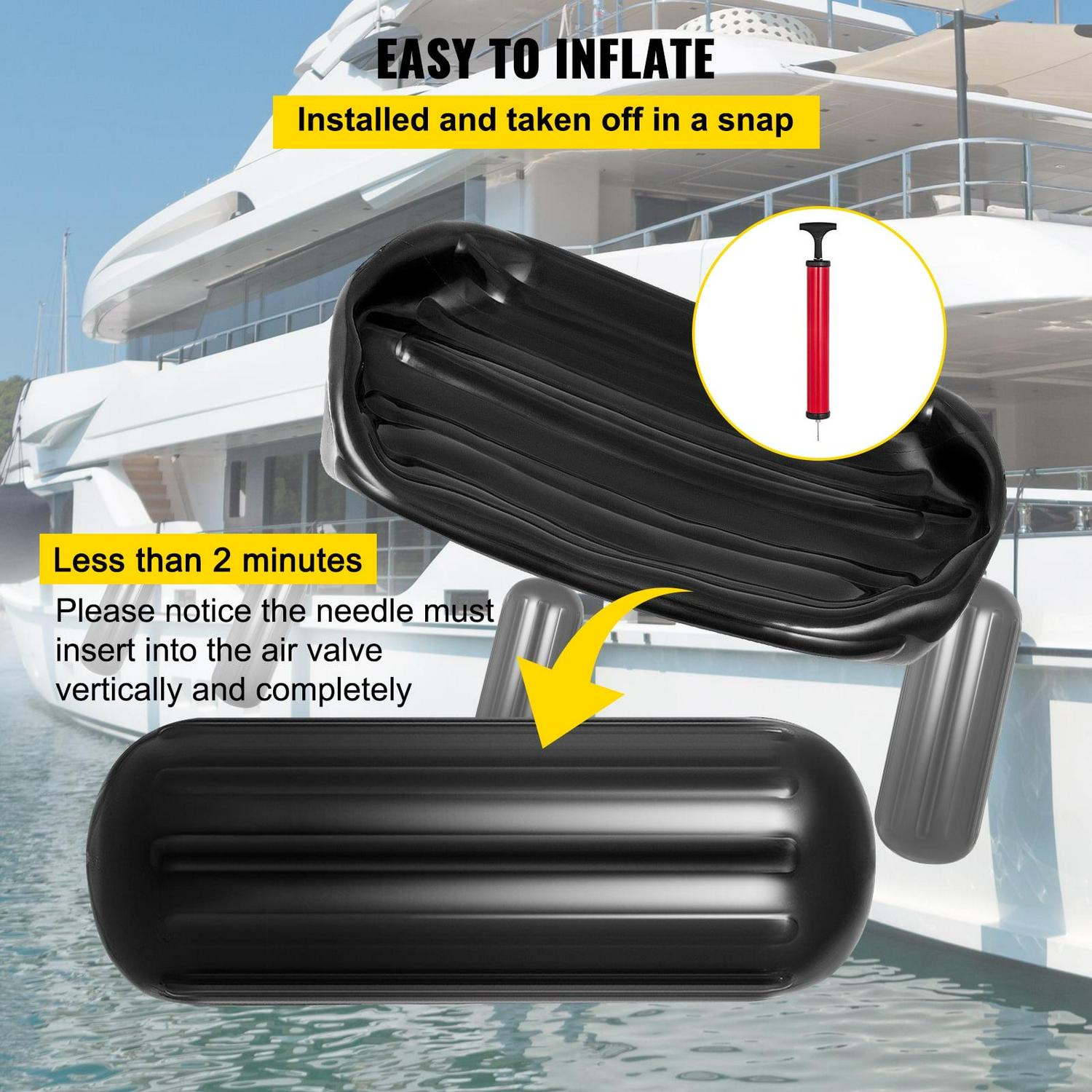 VEVORbrand 10 x 28 inches, Vinyl Boat Fender Pack of 4, Ribbed Twin Eyes Bumpers Black and Pump to Inflate - Image 5