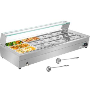 VEVORbrand 12-Pan Bain Marie Food Warmer 6-inch Deep, 1800W Electric Countertop Food Warmer 84 Qt with Tempered Glass Shield, 110V Food Grade Stainelss Steel Commercial Table with 12 Lids & 2 Ladles