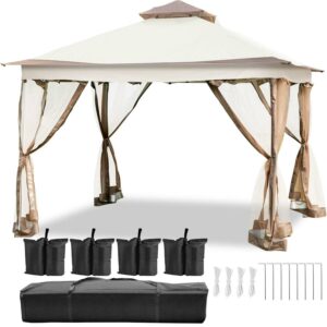 VEVORbrand 12' x 12' Pop-up Brown Rectangle Gazebo, Equipped with Four Sandbags, Ground Spikes, Netting, Ropes, Carrying Bag - Portable Brown Tent for Backyard, Patio and Lawn, Upgraded Version