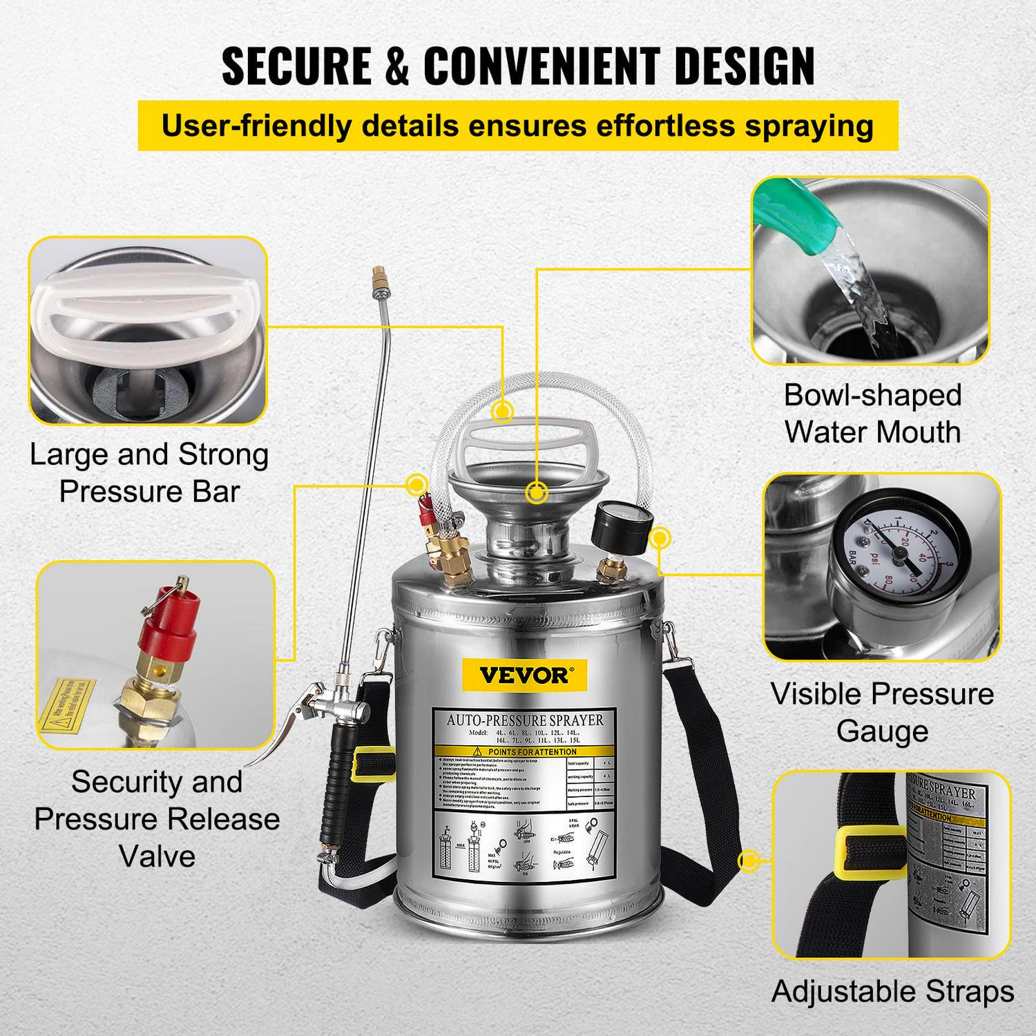 VEVORbrand 1 Gallon Pump Sprayer Stainless Steel, Lawn and Garden Hand Pump Sprayer with Pressure Gauge&Safety Valve, Adjustable Nozzle for Gardening and Sanitizing - Image 5