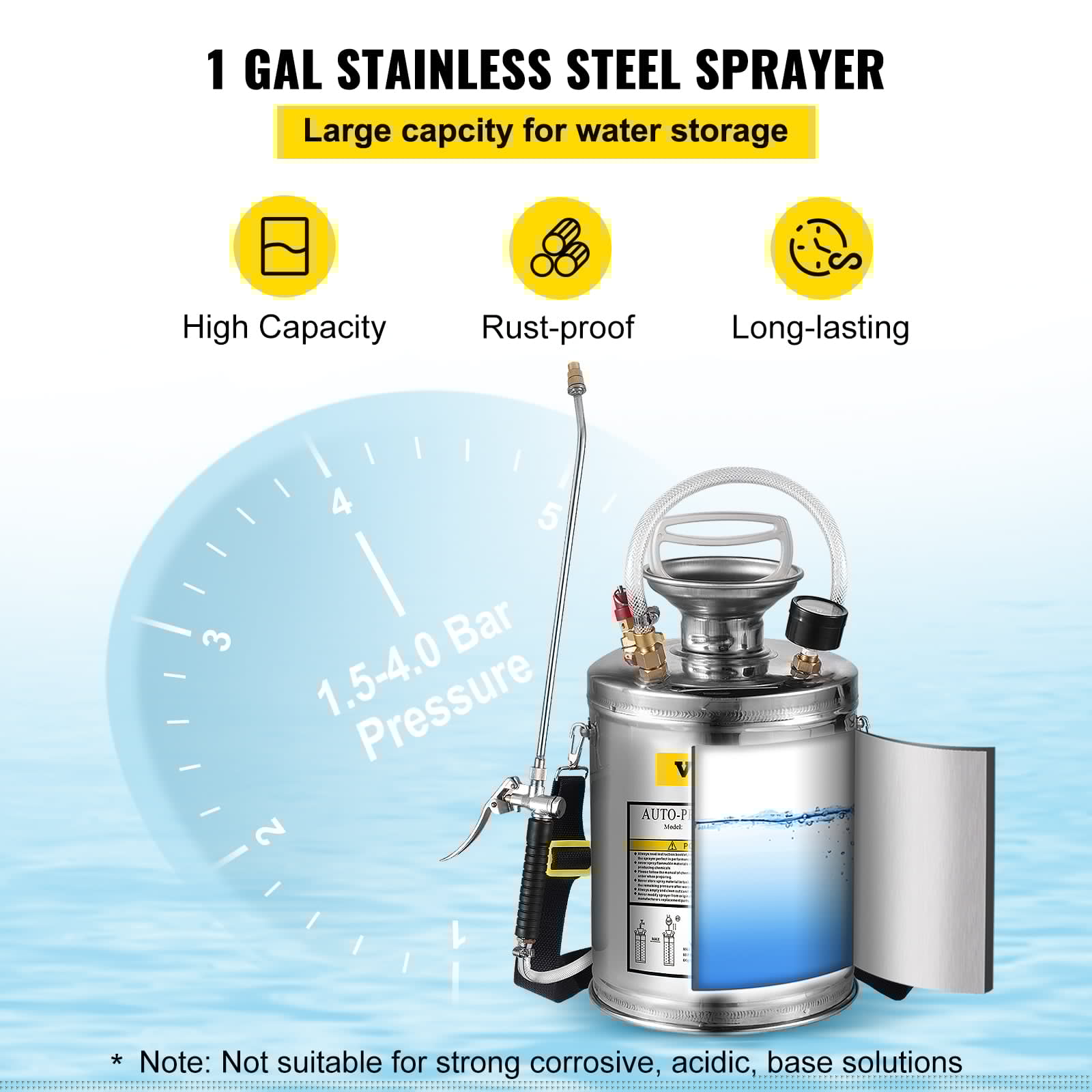 VEVORbrand 1 Gallon Pump Sprayer Stainless Steel, Lawn and Garden Hand Pump Sprayer with Pressure Gauge&Safety Valve, Adjustable Nozzle for Gardening and Sanitizing - Image 3