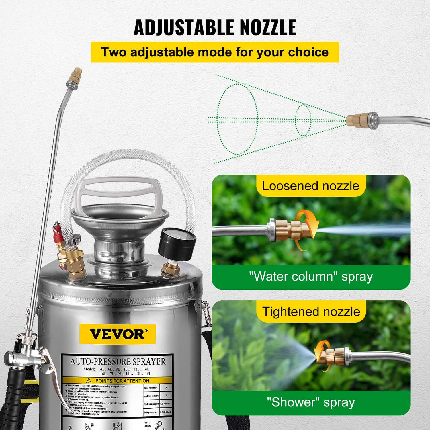 VEVORbrand 1 Gallon Pump Sprayer Stainless Steel, Lawn and Garden Hand Pump Sprayer with Pressure Gauge&Safety Valve, Adjustable Nozzle for Gardening and Sanitizing - Image 4
