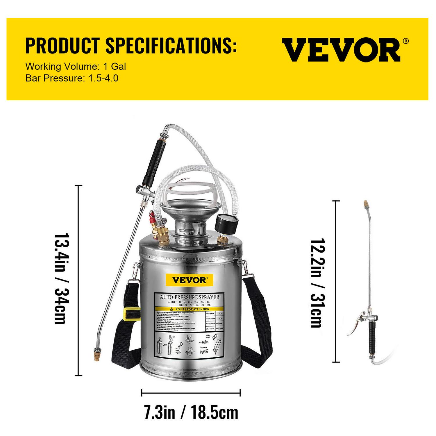 VEVORbrand 1 Gallon Pump Sprayer Stainless Steel, Lawn and Garden Hand Pump Sprayer with Pressure Gauge&Safety Valve, Adjustable Nozzle for Gardening and Sanitizing - Image 7