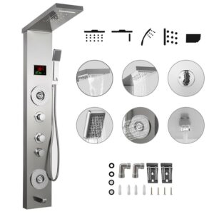 VEVORbrand 6 in 1 LED Shower Panel Tower System Rainfall and Mist Head Rain Massage Stainless Steel Shower Fixtures with Adjustable Body Jets