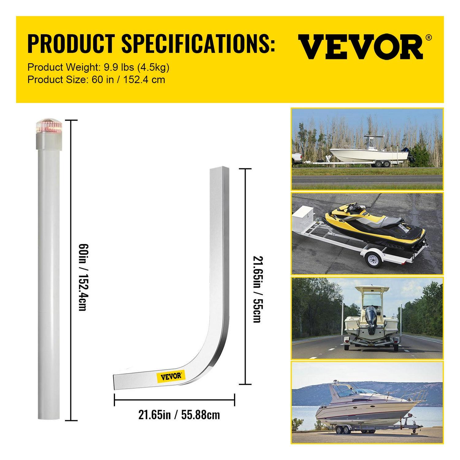 VEVORbrand Boat Trailer Guide-on, 60", 2pcs Galvanized Steel Trailer Post Guide on, with LED-Lighted PVC Tube Covers, Mounting Hardware Included, for Ski Boat, Fishing Boat or Sailboat Trailer - Image 6
