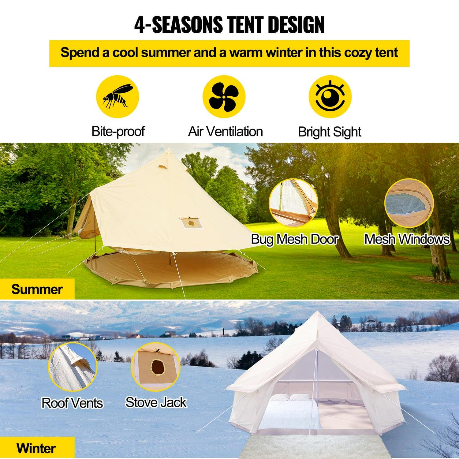 VEVORbrand Canvas Bell Tent 9.84ft Cotton Canvas Tent with Wall Stove Jacket Glamping Tent Waterproof Bell Tent for Family Camping Outdoor Hunting in 4 Seasons - Image 5