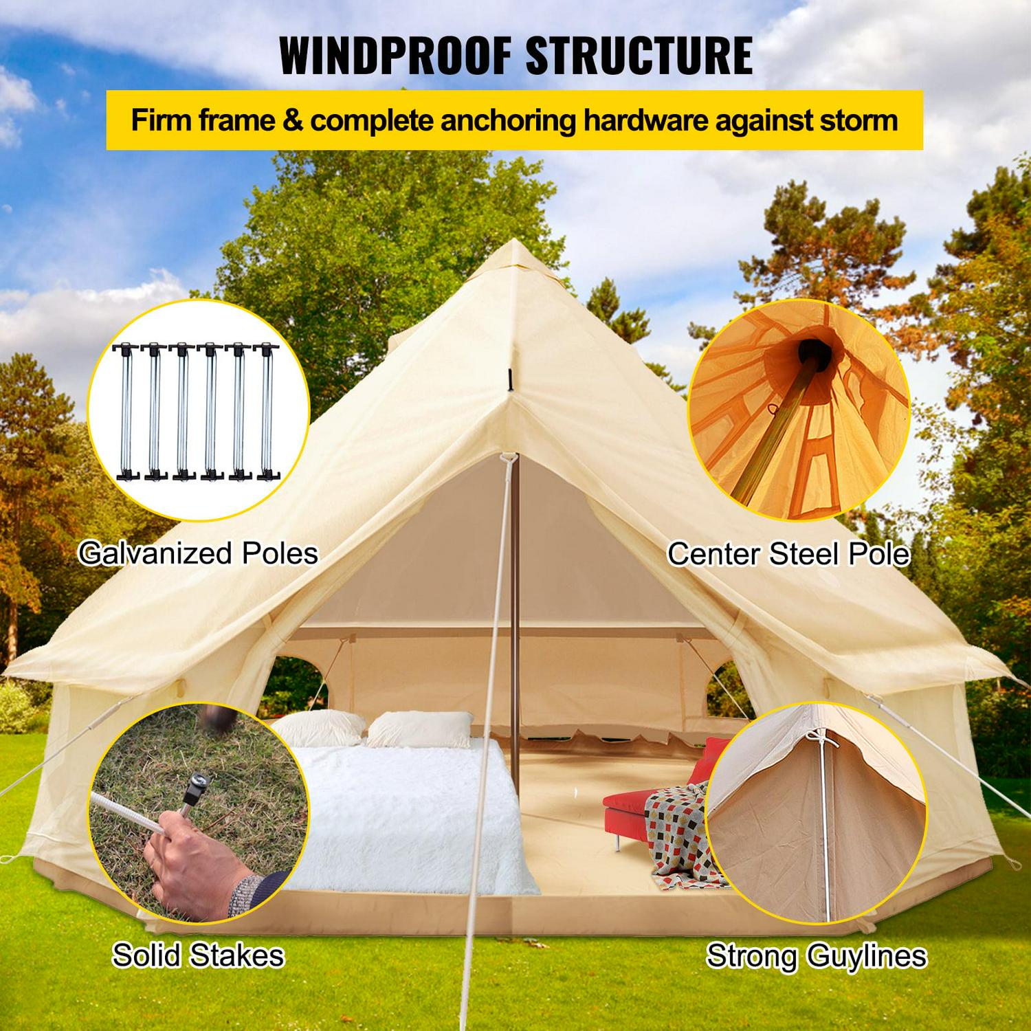 VEVORbrand Canvas Bell Tent 9.84ft Cotton Canvas Tent with Wall Stove Jacket Glamping Tent Waterproof Bell Tent for Family Camping Outdoor Hunting in 4 Seasons - Image 4