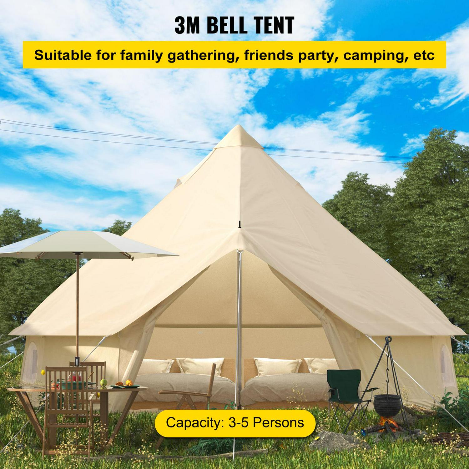 VEVORbrand Canvas Bell Tent 9.84ft Cotton Canvas Tent with Wall Stove Jacket Glamping Tent Waterproof Bell Tent for Family Camping Outdoor Hunting in 4 Seasons - Image 2