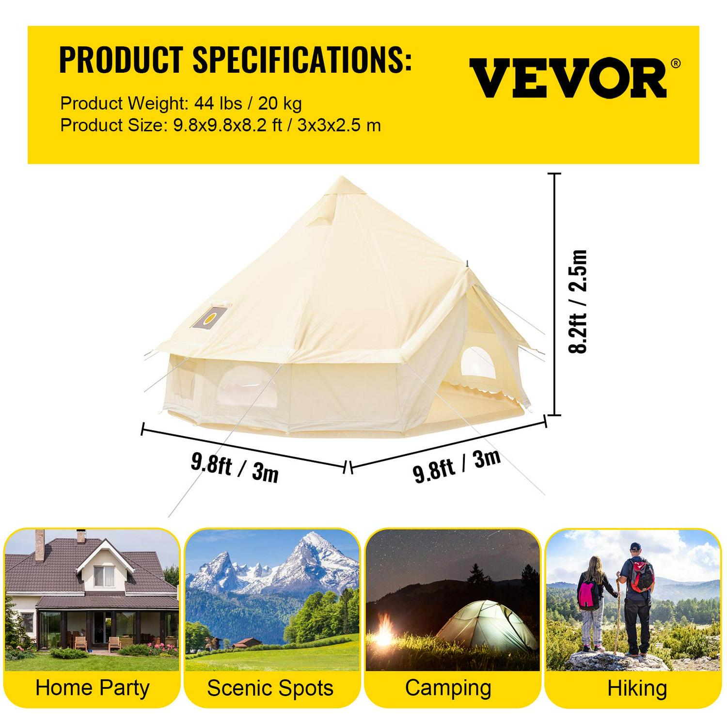VEVORbrand Canvas Bell Tent 9.84ft Cotton Canvas Tent with Wall Stove Jacket Glamping Tent Waterproof Bell Tent for Family Camping Outdoor Hunting in 4 Seasons - Image 7