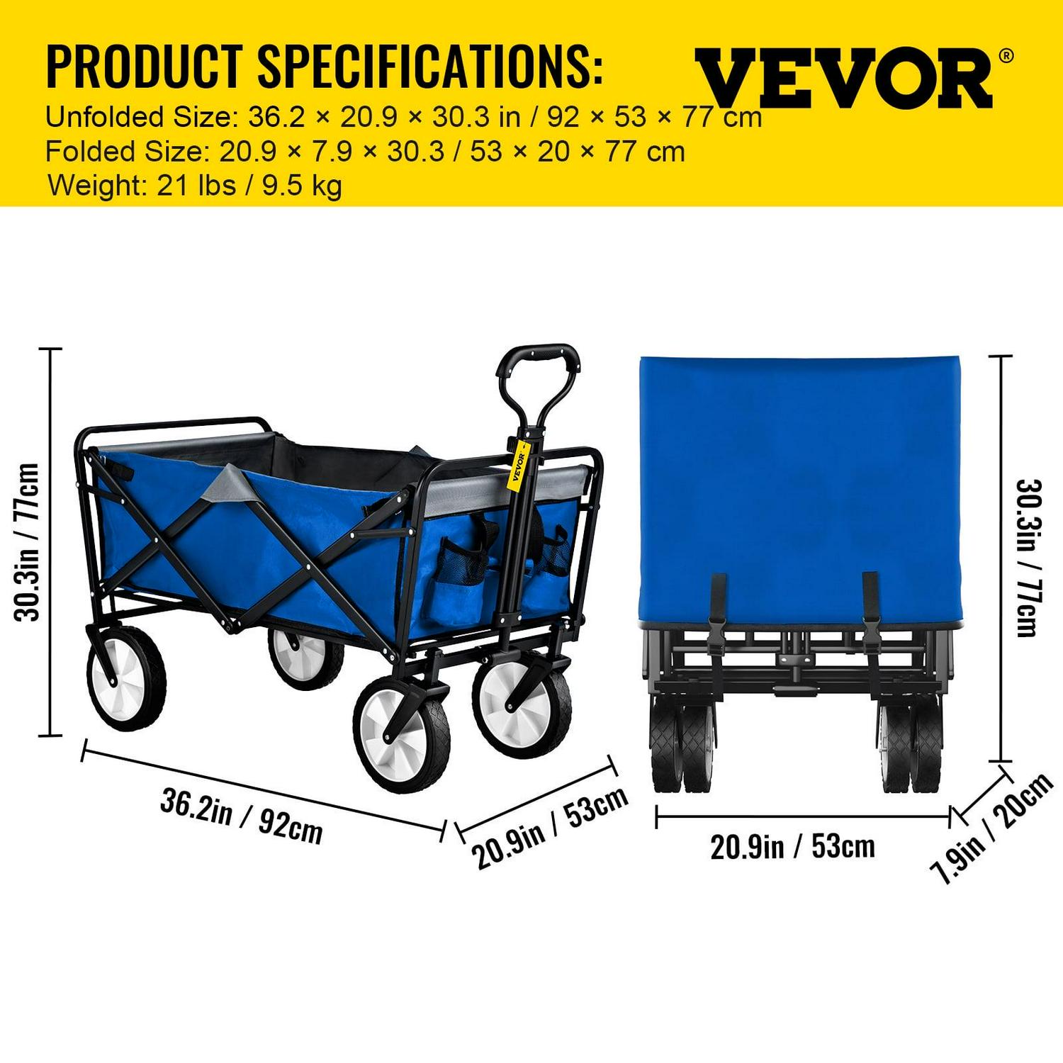 VEVORbrand Collapsible Wagon Cart ,Folding Wagon Cart , 176 lbs Load Beach Wagon Oversized Wheels, Portable Folding Wagon Adjustable Handles for Beach, Garden, Sports, Camping,Blue & Gray - Image 7