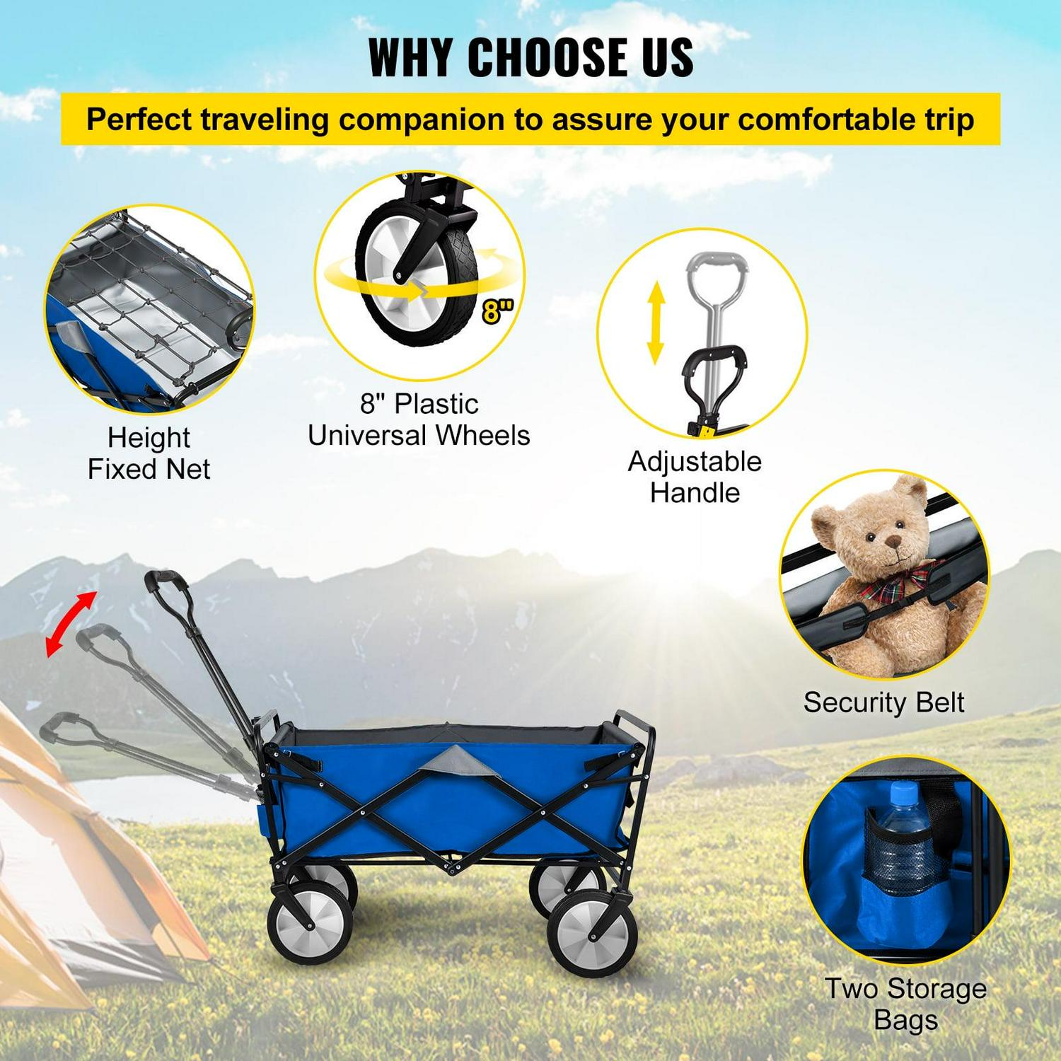 VEVORbrand Collapsible Wagon Cart ,Folding Wagon Cart , 176 lbs Load Beach Wagon Oversized Wheels, Portable Folding Wagon Adjustable Handles for Beach, Garden, Sports, Camping,Blue & Gray - Image 6