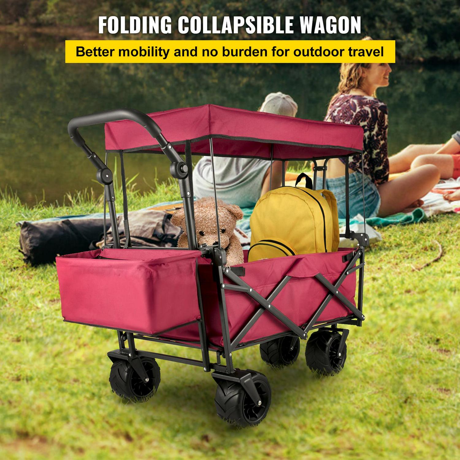VEVORbrand Collapsible Wagon Cart Red, Foldable Wagon Cart Removable Canopy 601D Oxford Cloth, Collapsible Wagon Oversized Wheels, Portable Folding Wagon Adjustable Handles, Beach, Garden, Sports - Image 2