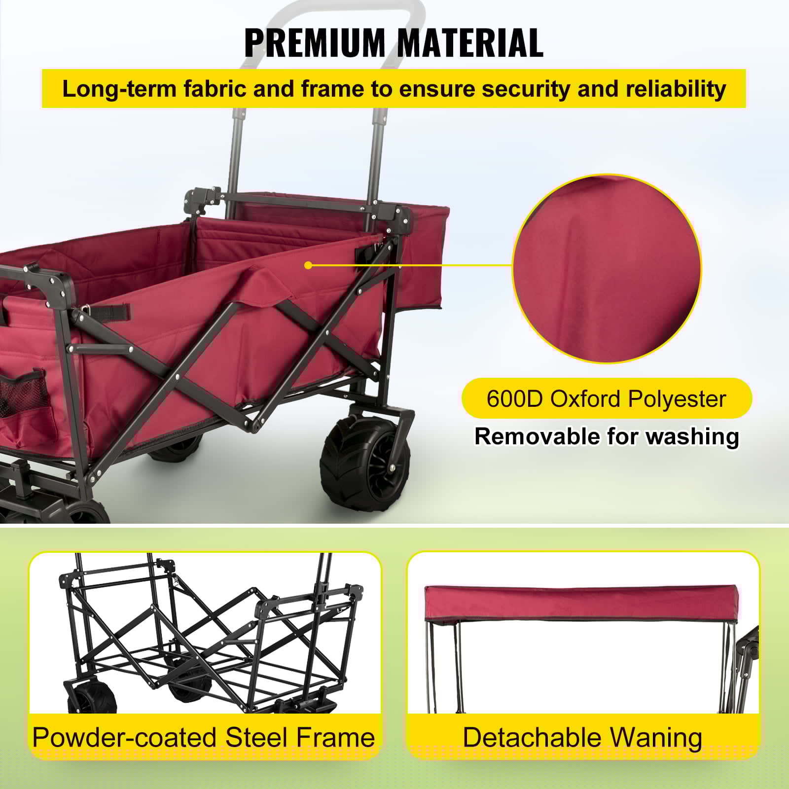 VEVORbrand Collapsible Wagon Cart Red, Foldable Wagon Cart Removable Canopy 601D Oxford Cloth, Collapsible Wagon Oversized Wheels, Portable Folding Wagon Adjustable Handles, Beach, Garden, Sports - Image 4