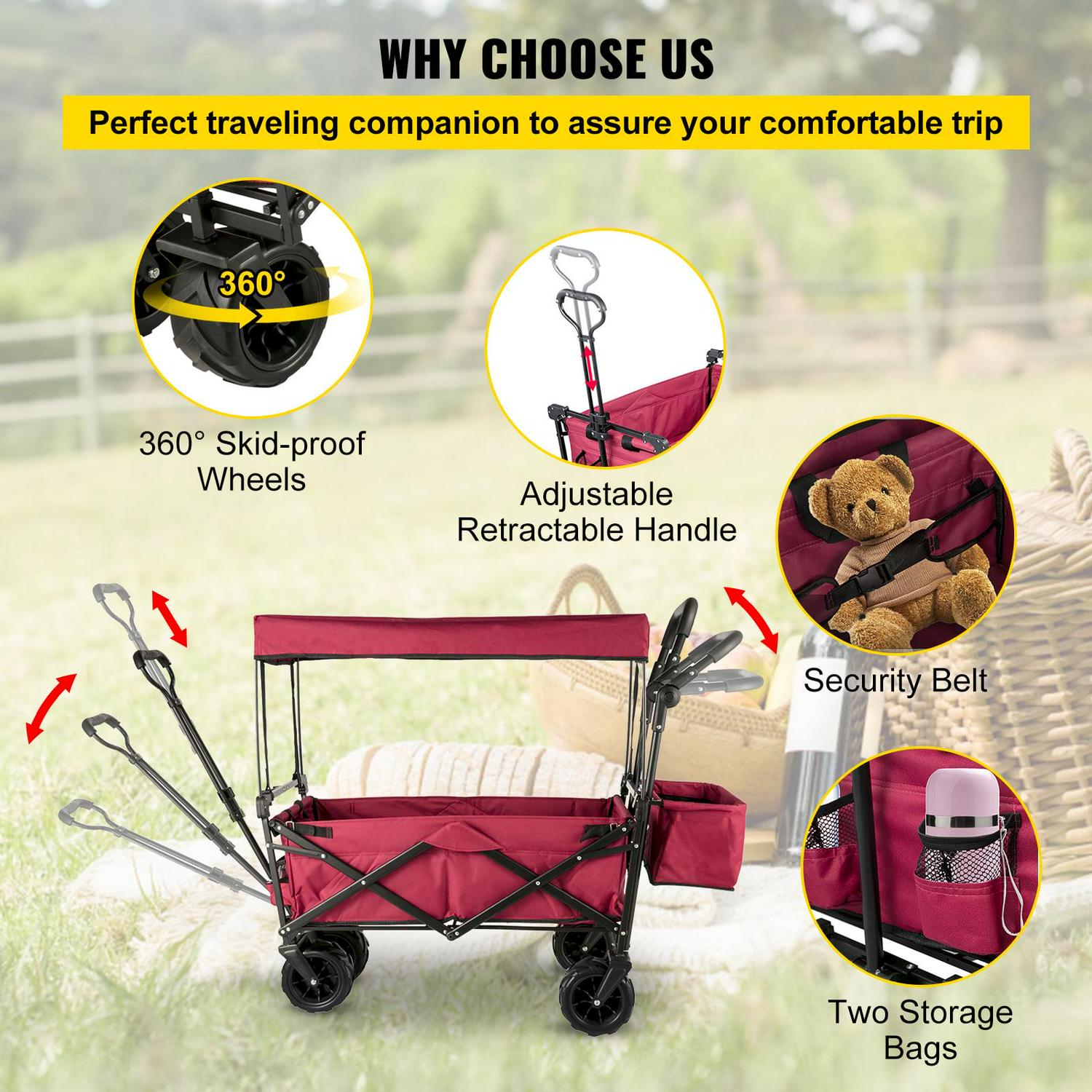VEVORbrand Collapsible Wagon Cart Red, Foldable Wagon Cart Removable Canopy 601D Oxford Cloth, Collapsible Wagon Oversized Wheels, Portable Folding Wagon Adjustable Handles, Beach, Garden, Sports - Image 6