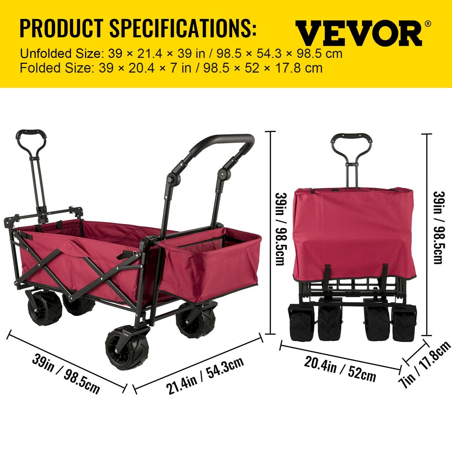 VEVORbrand Collapsible Wagon Cart Red, Foldable Wagon Cart Removable Canopy 601D Oxford Cloth, Collapsible Wagon Oversized Wheels, Portable Folding Wagon Adjustable Handles, Beach, Garden, Sports - Image 7