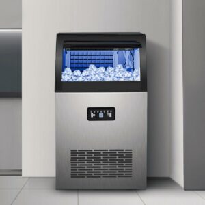 VEVOR Commercial Ice Maker 150 LB/24H Stainless Steel Commercial Ice Machine w/ 24 LB Storage Built-in 50 PCS Ice Maker Machine w/ 2 Water Inlet Modes Control Panel Blue Light Drain Pipe Filter Scoop