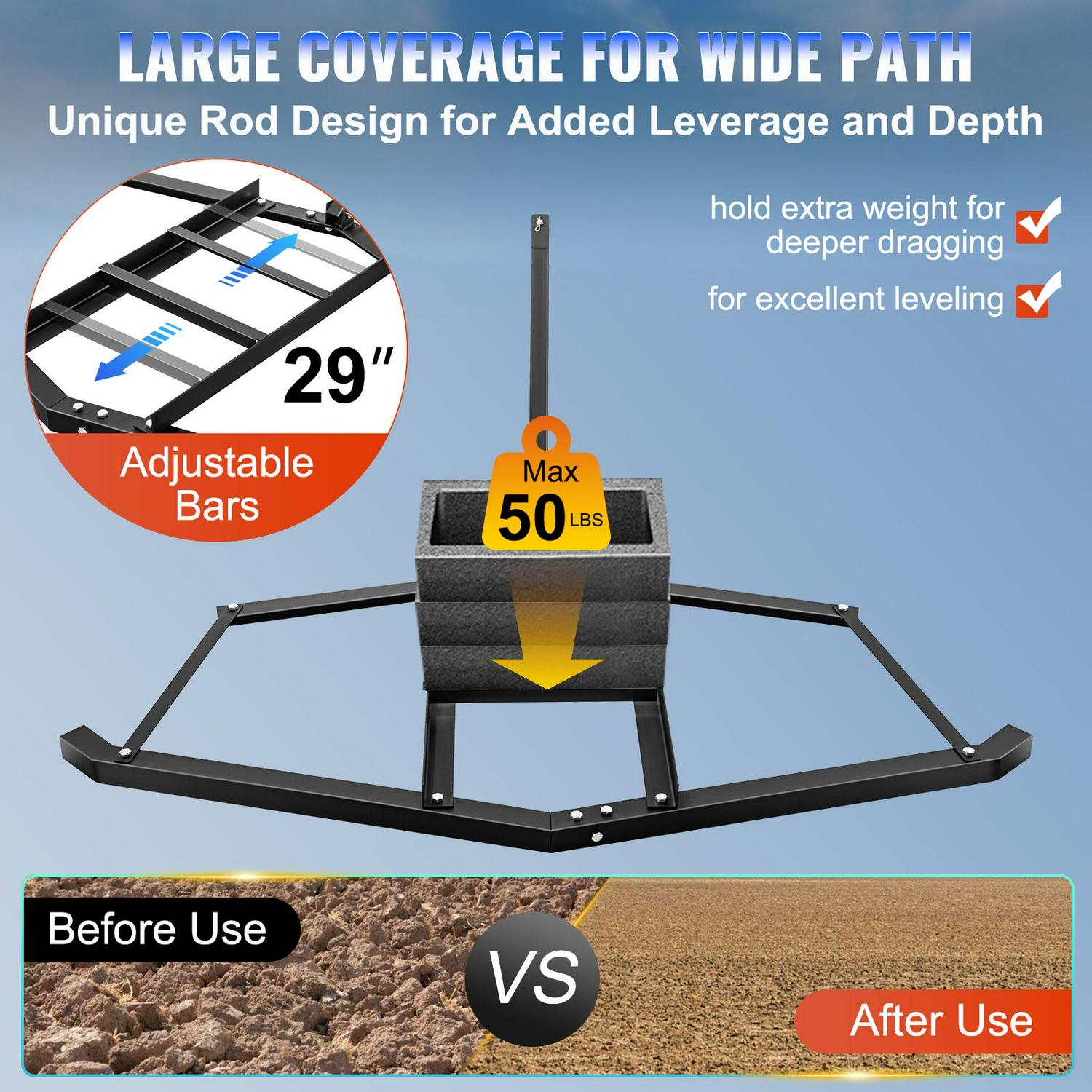 VEVORbrand Drag Harrow 66"x 35" , Driveway Tractor Harrow with 2 Adjustable Bars, Heavy Duty Steel, Driveway Grader for ATV, UTV, Garden Lawn Tractors - Image 5