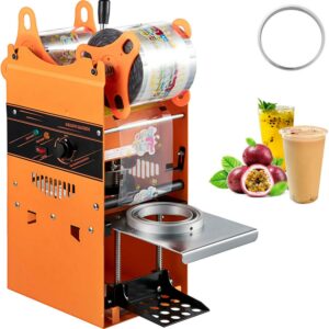 VEVORbrand Manual Tea Cup Sealer Machine 300-500 Cup/h, Manual Boba Tea Sealer Machine 90/95mm, Cup Diameter Cup Sealing Machine Orange, with Heating Technology for Bubble Milk Tea