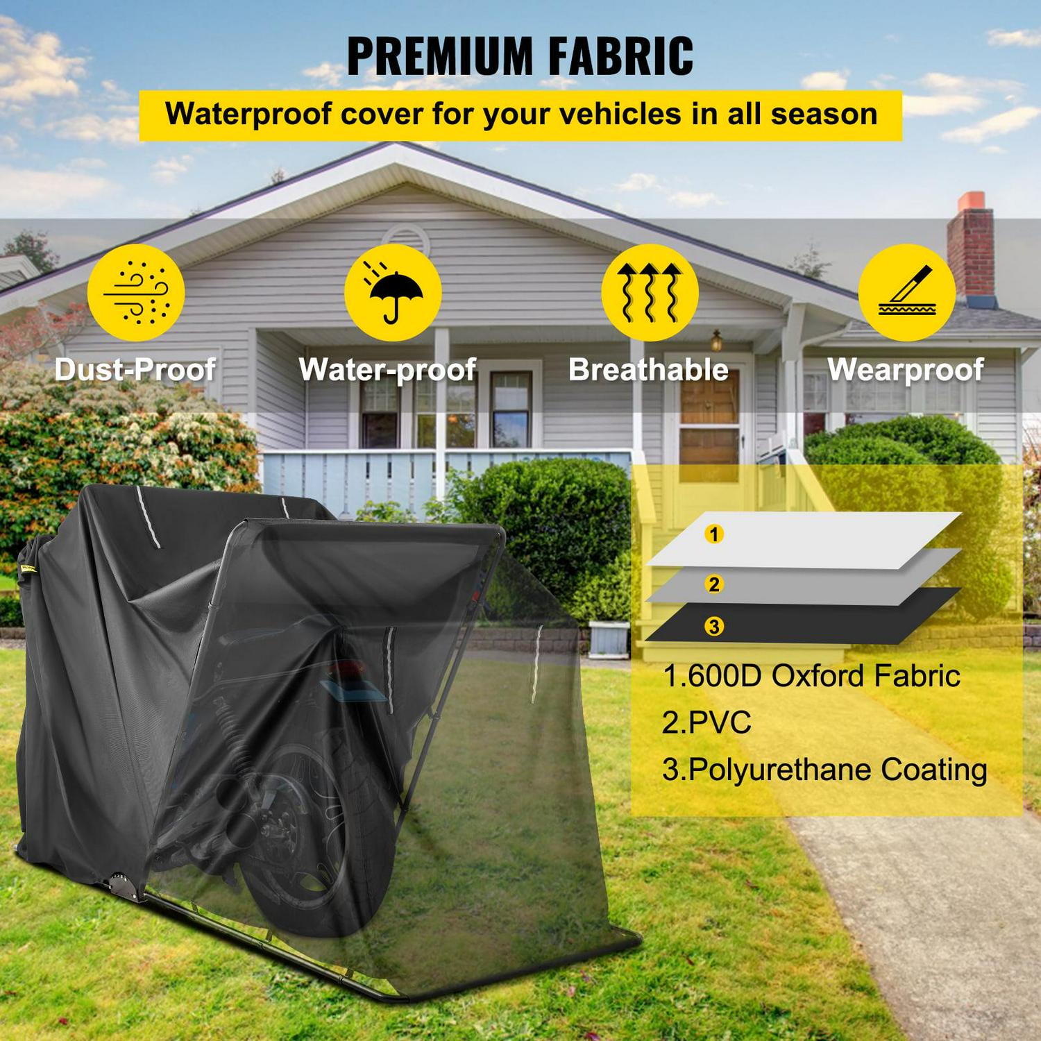 VEVORbrand Motorcycle Scooter Bike Cover Shelter, Waterproof Outdoor Storage Tent, Heavy Duty Shed, 600D Oxford Anti-UV, 133.9"x 53.9" x 76.8" with Lock & 2 Weight Bag, Black - Image 3