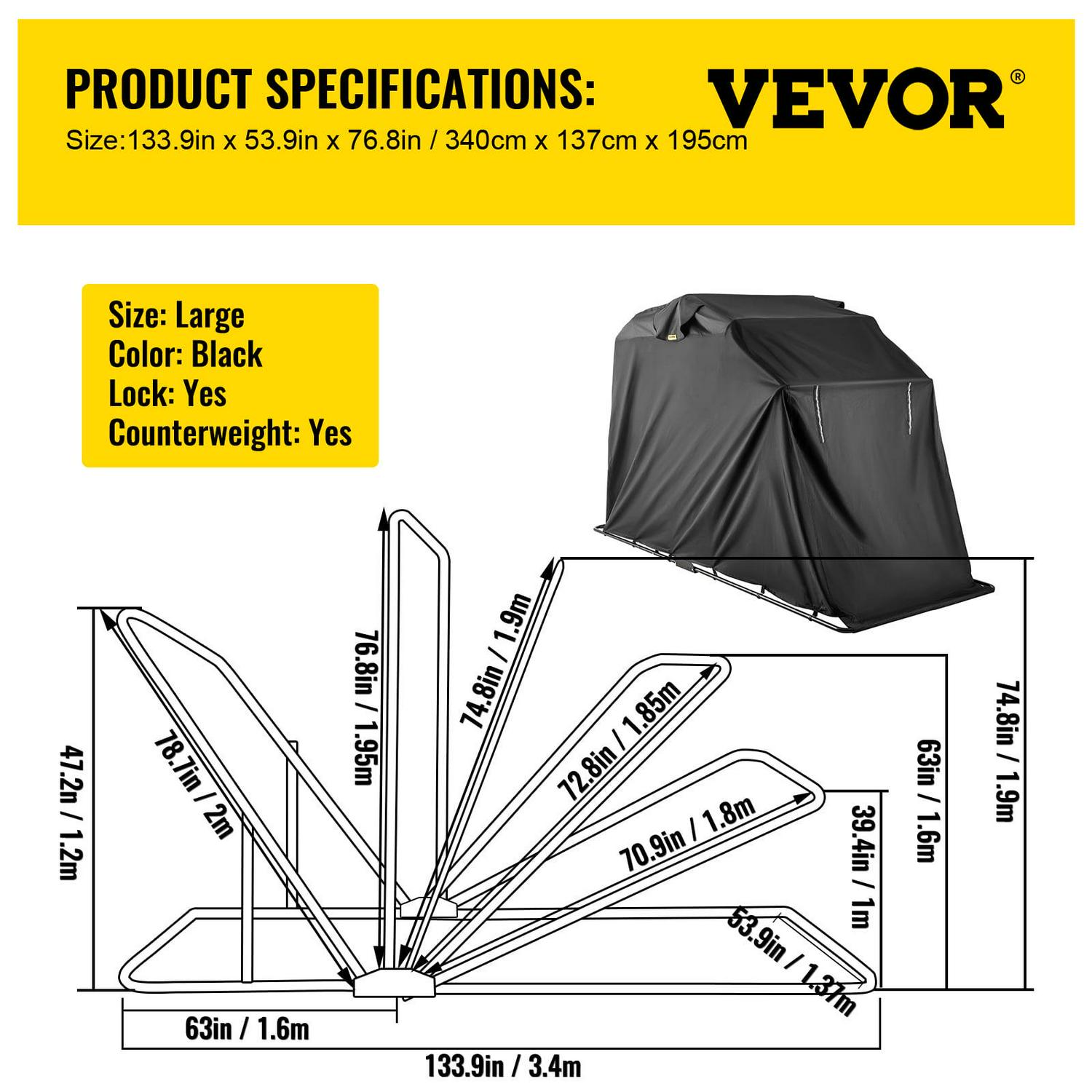VEVORbrand Motorcycle Scooter Bike Cover Shelter, Waterproof Outdoor Storage Tent, Heavy Duty Shed, 600D Oxford Anti-UV, 133.9"x 53.9" x 76.8" with Lock & 2 Weight Bag, Black - Image 7