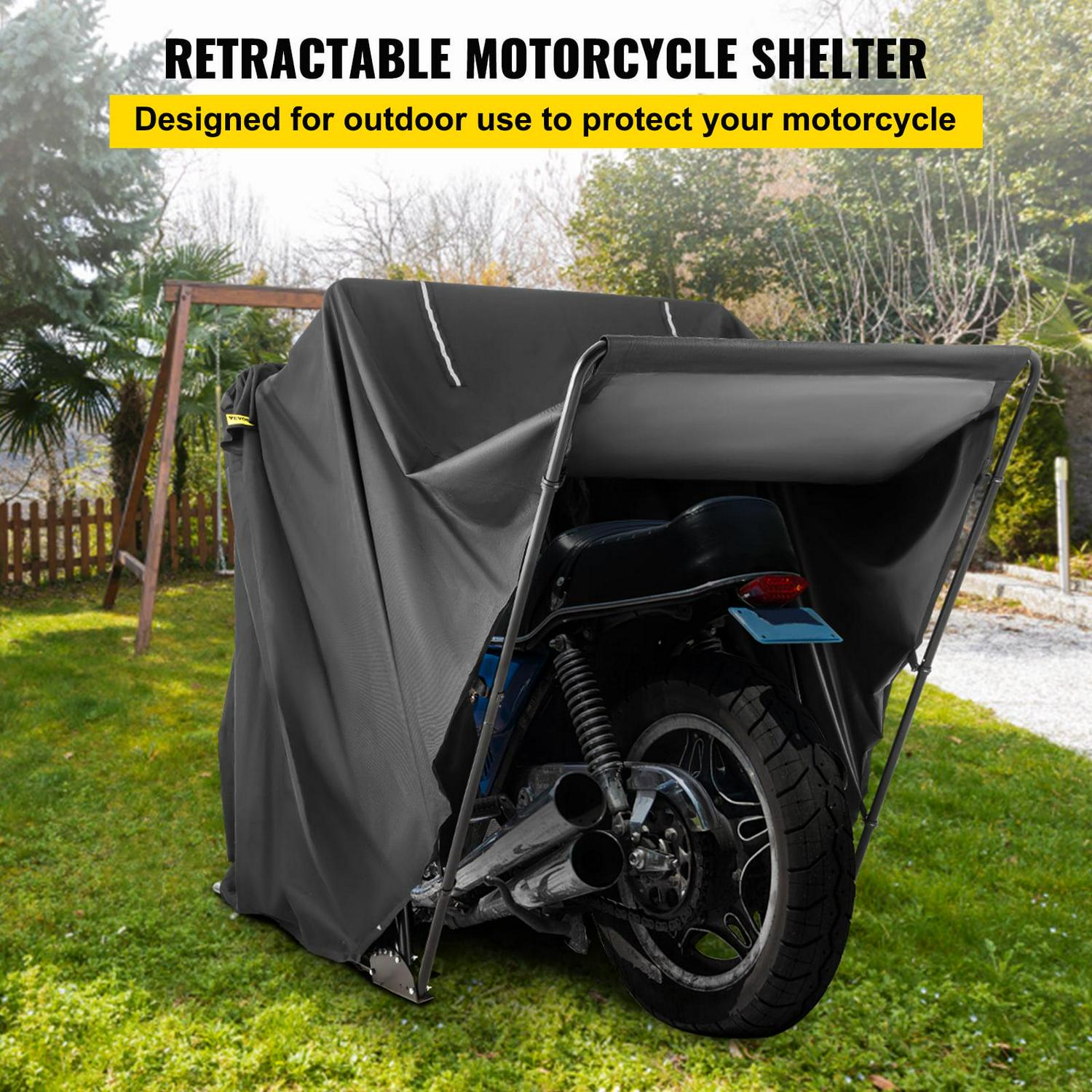 VEVORbrand Motorcycle Scooter Bike Cover Shelter, Waterproof Outdoor Storage Tent, Heavy Duty Shed, 600D Oxford Anti-UV, 133.9"x 53.9" x 76.8" with Lock & 2 Weight Bag, Black - Image 2