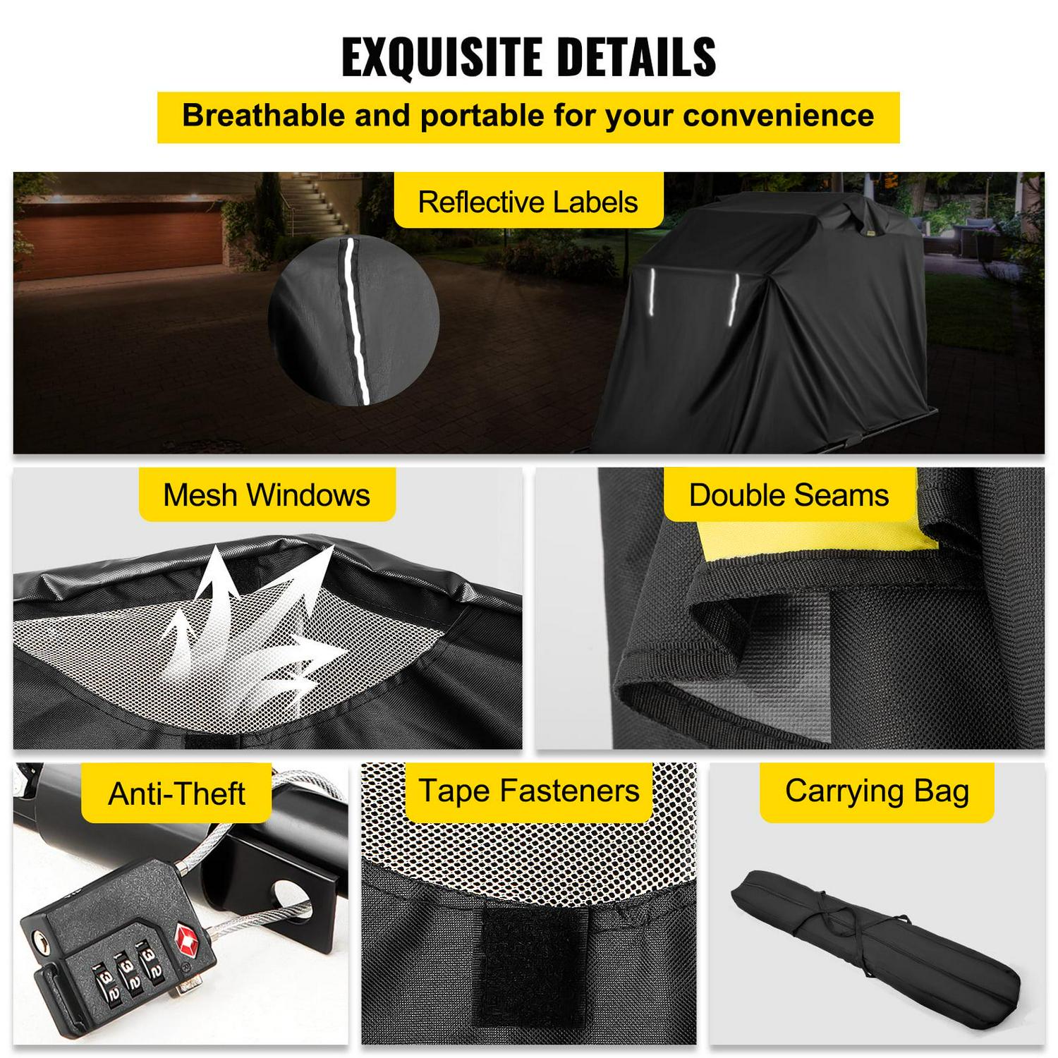 VEVORbrand Motorcycle Scooter Bike Cover Shelter, Waterproof Outdoor Storage Tent, Heavy Duty Shed, 600D Oxford Anti-UV, 133.9"x 53.9" x 76.8" with Lock & 2 Weight Bag, Black - Image 6