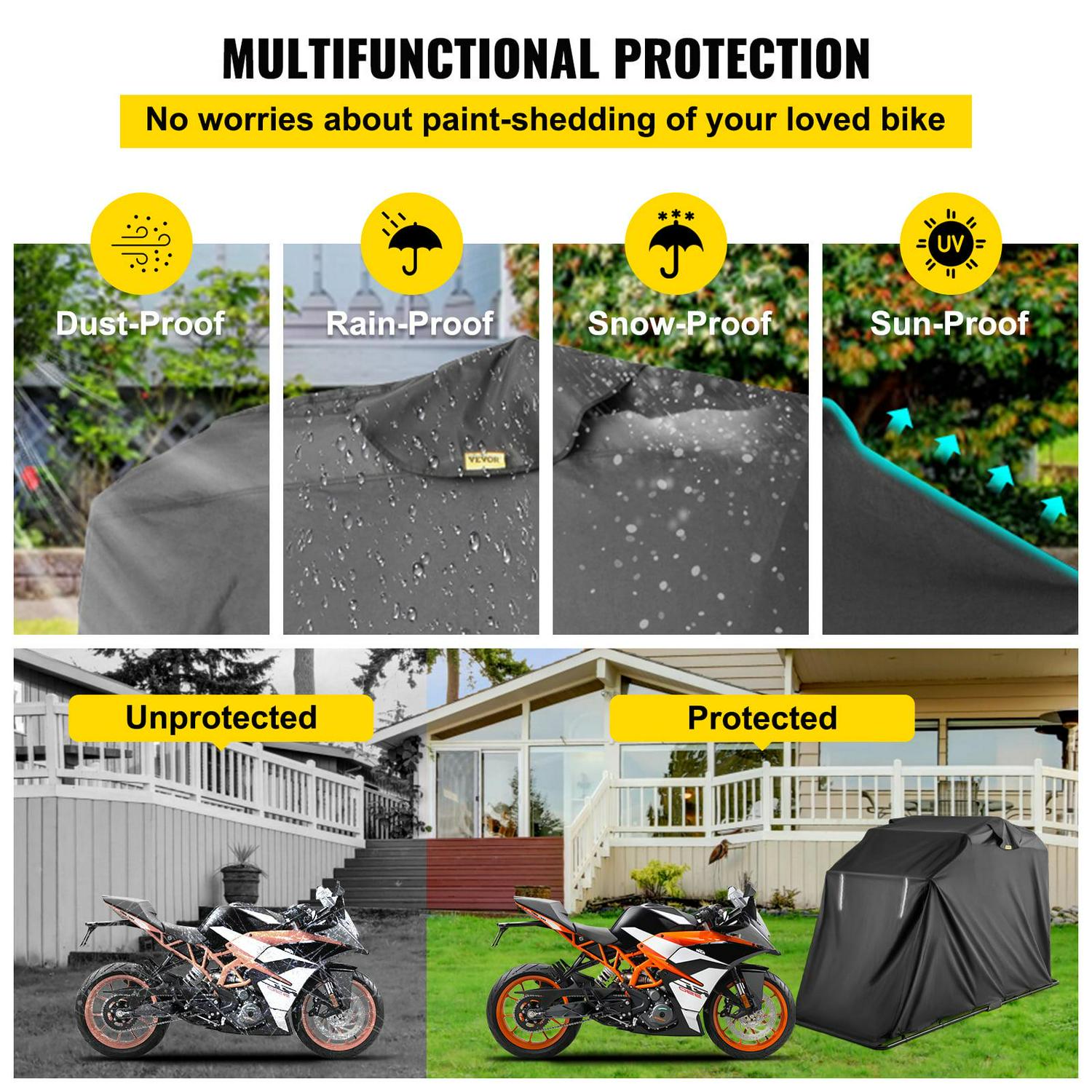VEVORbrand Motorcycle Scooter Bike Cover Shelter, Waterproof Outdoor Storage Tent, Heavy Duty Shed, 600D Oxford Anti-UV, 133.9"x 53.9" x 76.8" with Lock & 2 Weight Bag, Black - Image 5