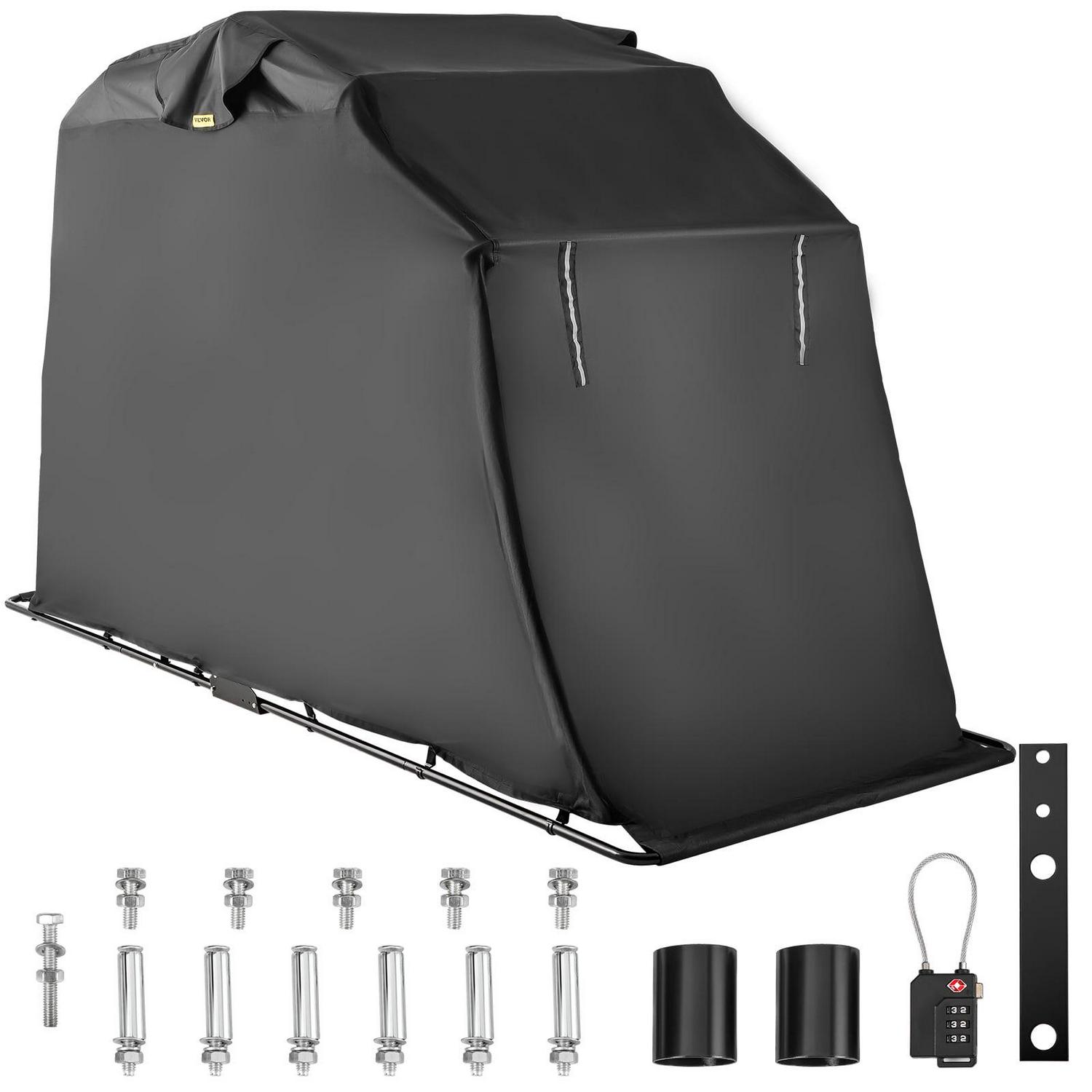 VEVORbrand Motorcycle Scooter Bike Cover Shelter, Waterproof Outdoor Storage Tent, Heavy Duty Shed, 600D Oxford Anti-UV, 133.9"x 53.9" x 76.8" with Lock & 2 Weight Bag, Black
