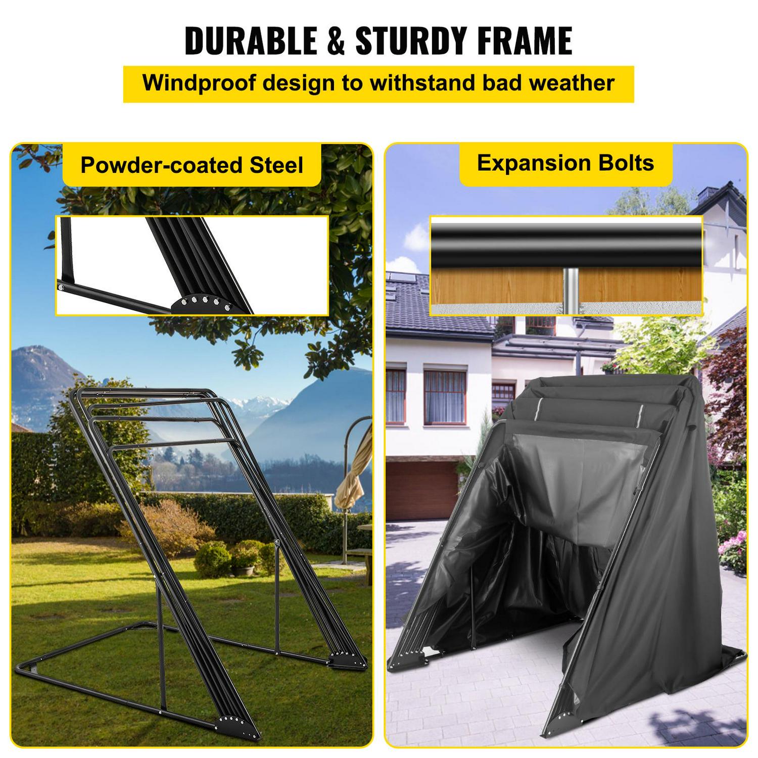 VEVORbrand Motorcycle Scooter Bike Cover Shelter, Waterproof Outdoor Storage Tent, Heavy Duty Shed, 600D Oxford Anti-UV, 133.9"x 53.9" x 76.8" with Lock & 2 Weight Bag, Black - Image 4