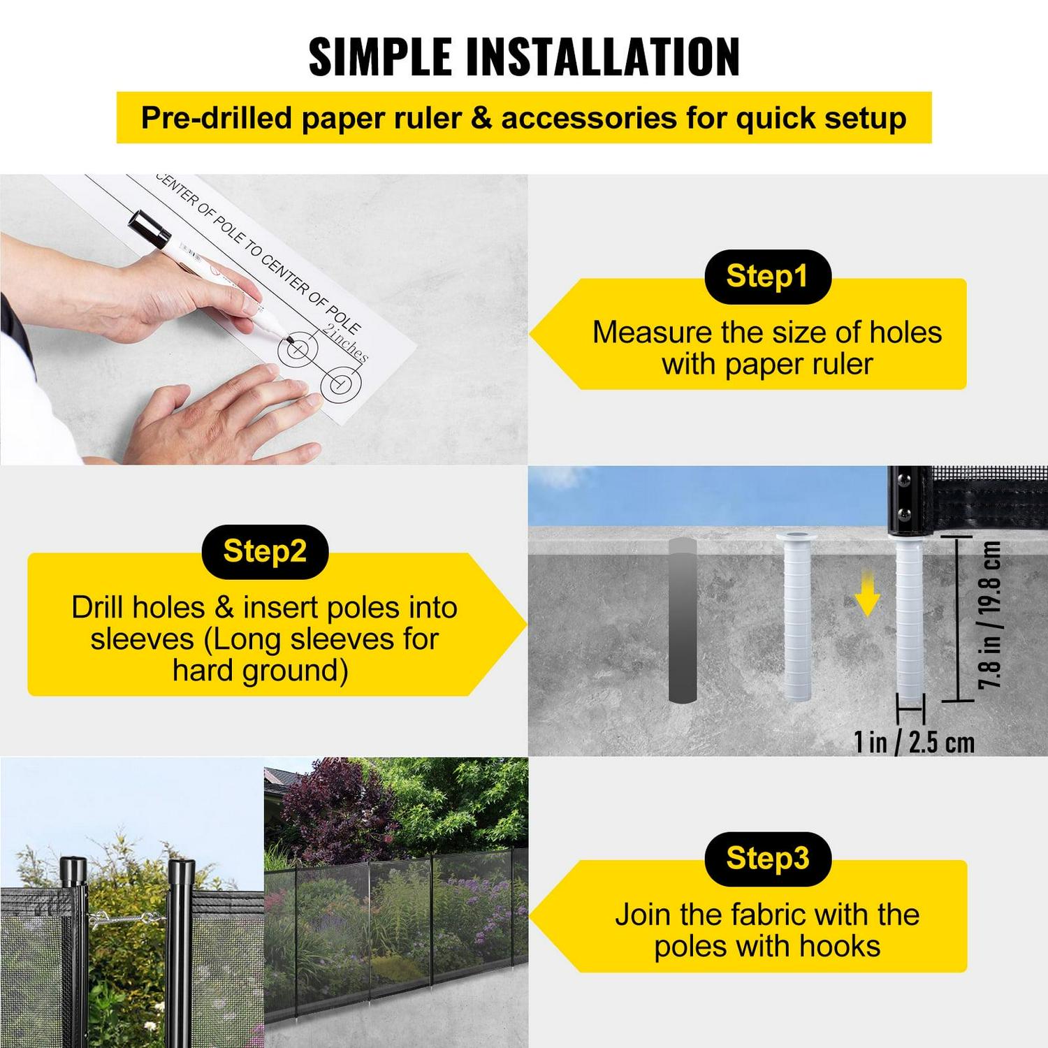 VEVORbrand Pool Fence for Inground Pools, 4' x 12' - Pool Fence, Black Mesh Barrier - Removable DIY Pool Fencing, with Section Kit - Image 6