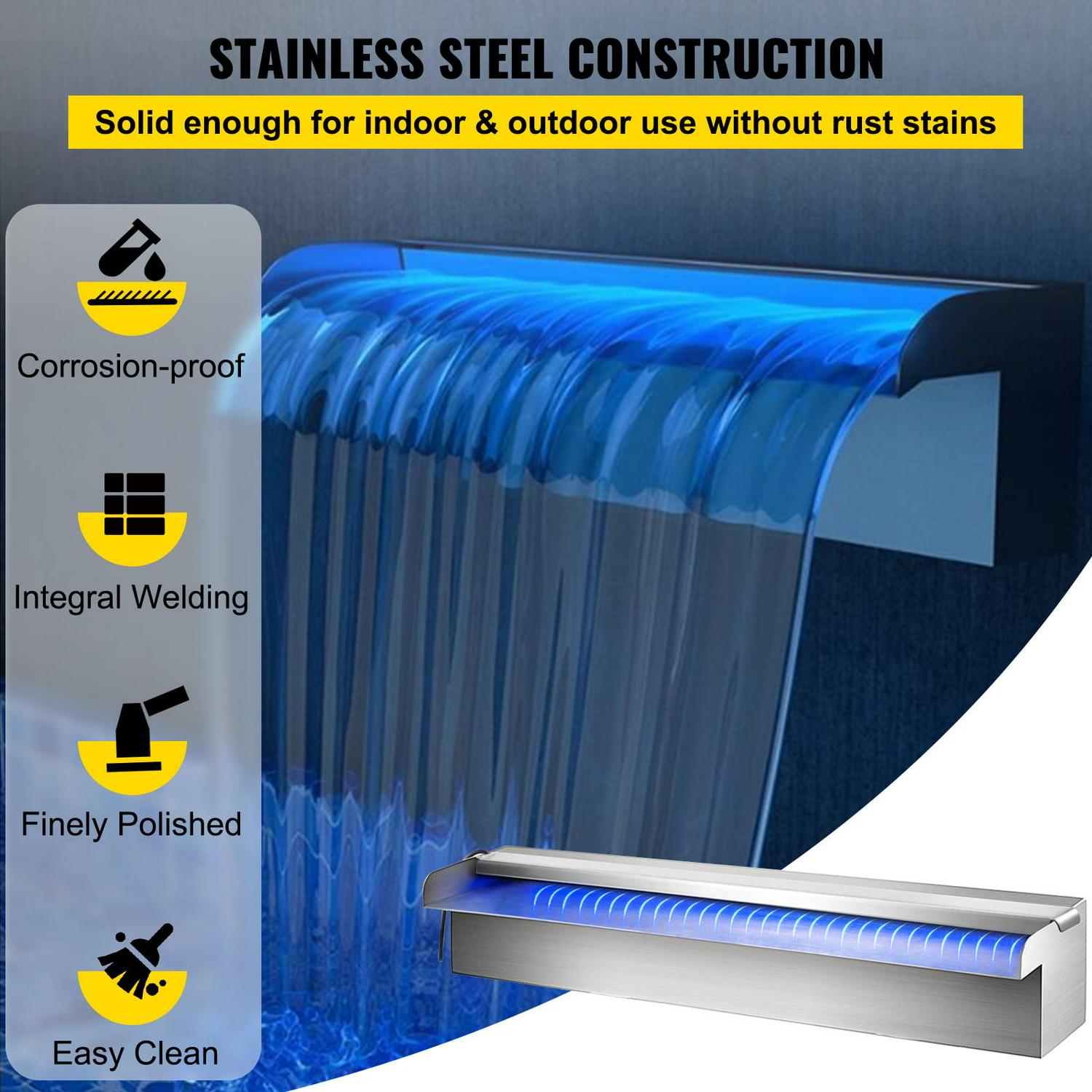 VEVORbrand Pool Fountain Stainless Steel Pool Waterfall 11.8" x 4.5" x 3.1"(W x D x H) with LED Strip Light Waterfall Spillway with Pipe Connector Rectangular Garden Outdoor - Image 3