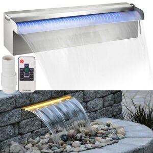 VEVORbrand Pool Fountain Stainless Steel Pool Waterfall 11.8" x 4.5" x 3.1"(W x D x H) with LED Strip Light Waterfall Spillway with Pipe Connector Rectangular Garden Outdoor