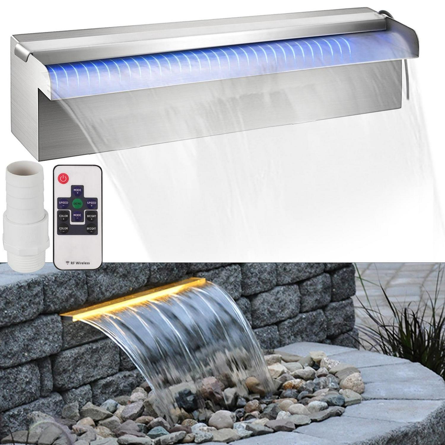 VEVORbrand Pool Fountain Stainless Steel Pool Waterfall 11.8" x 4.5" x 3.1"(W x D x H) with LED Strip Light Waterfall Spillway with Pipe Connector Rectangular Garden Outdoor