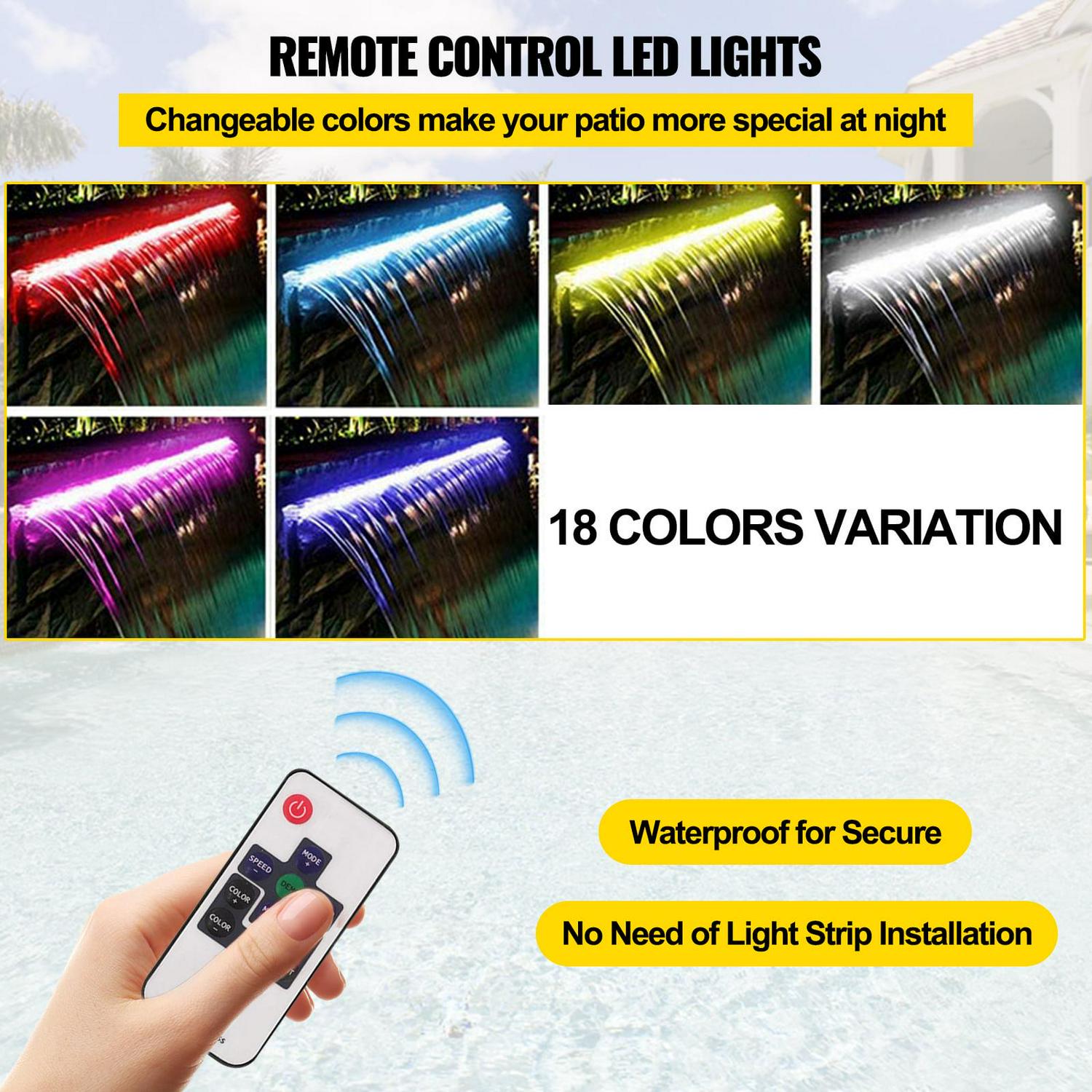 VEVORbrand Pool Fountain Stainless Steel Pool Waterfall 11.8" x 4.5" x 3.1"(W x D x H) with LED Strip Light Waterfall Spillway with Pipe Connector Rectangular Garden Outdoor - Image 5