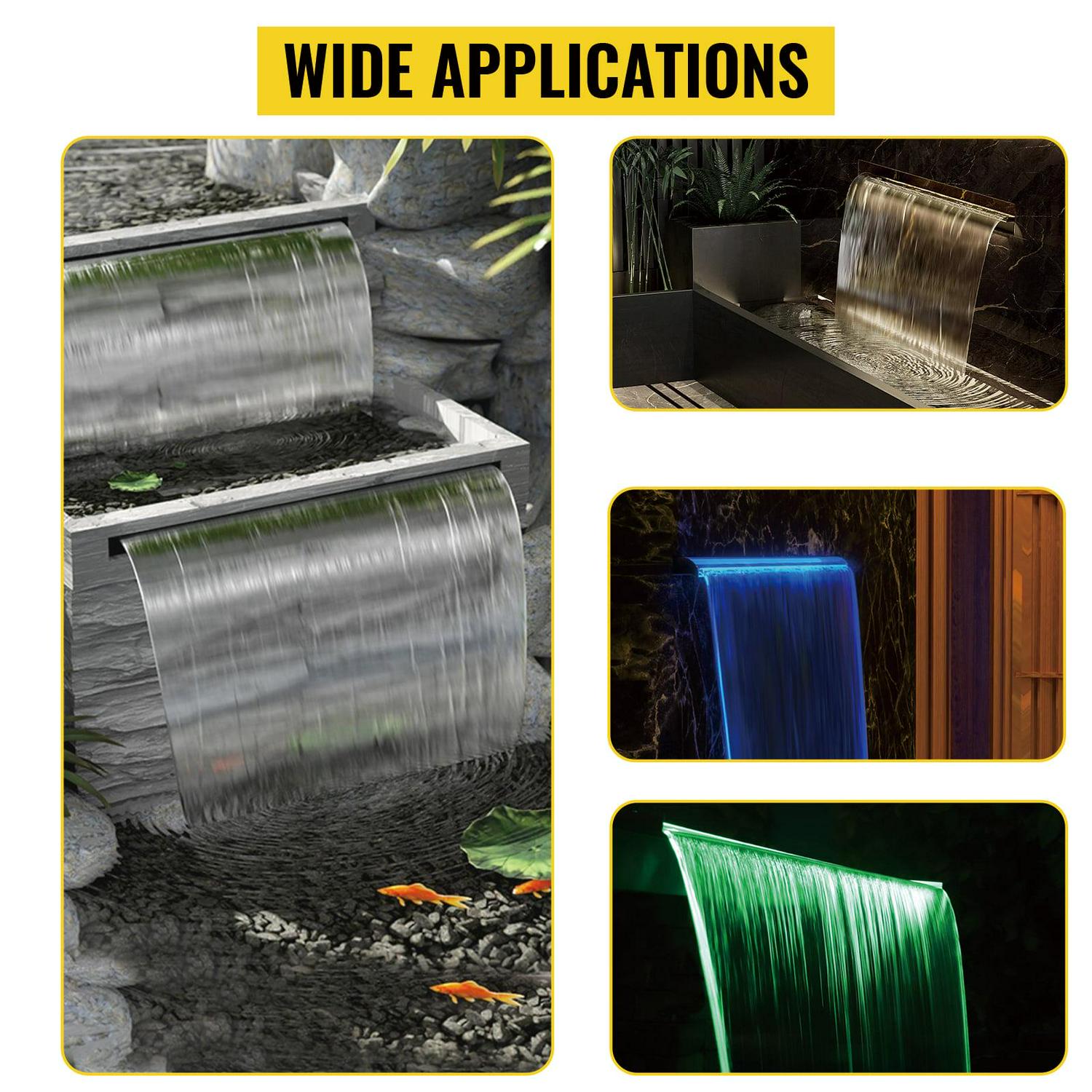 VEVORbrand Pool Fountain Stainless Steel Pool Waterfall 11.8" x 4.5" x 3.1"(W x D x H) with LED Strip Light Waterfall Spillway with Pipe Connector Rectangular Garden Outdoor - Image 7