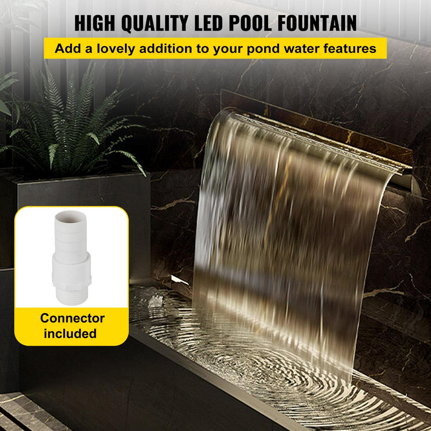 VEVORbrand Pool Fountain Stainless Steel Pool Waterfall 11.8" x 4.5" x 3.1"(W x D x H) with LED Strip Light Waterfall Spillway with Pipe Connector Rectangular Garden Outdoor - Image 2