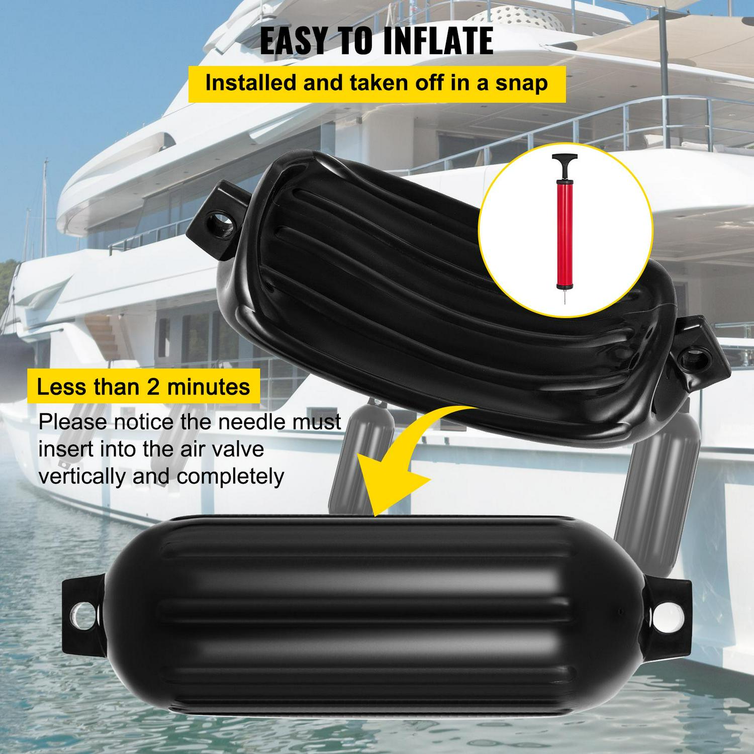 VEVOR Ribbed Twin Eyes Boat Fenders Bumpers Vinyl Boat Fender Pack of 4 and Pump to Inflate (8.5 x 27inches) - Image 5